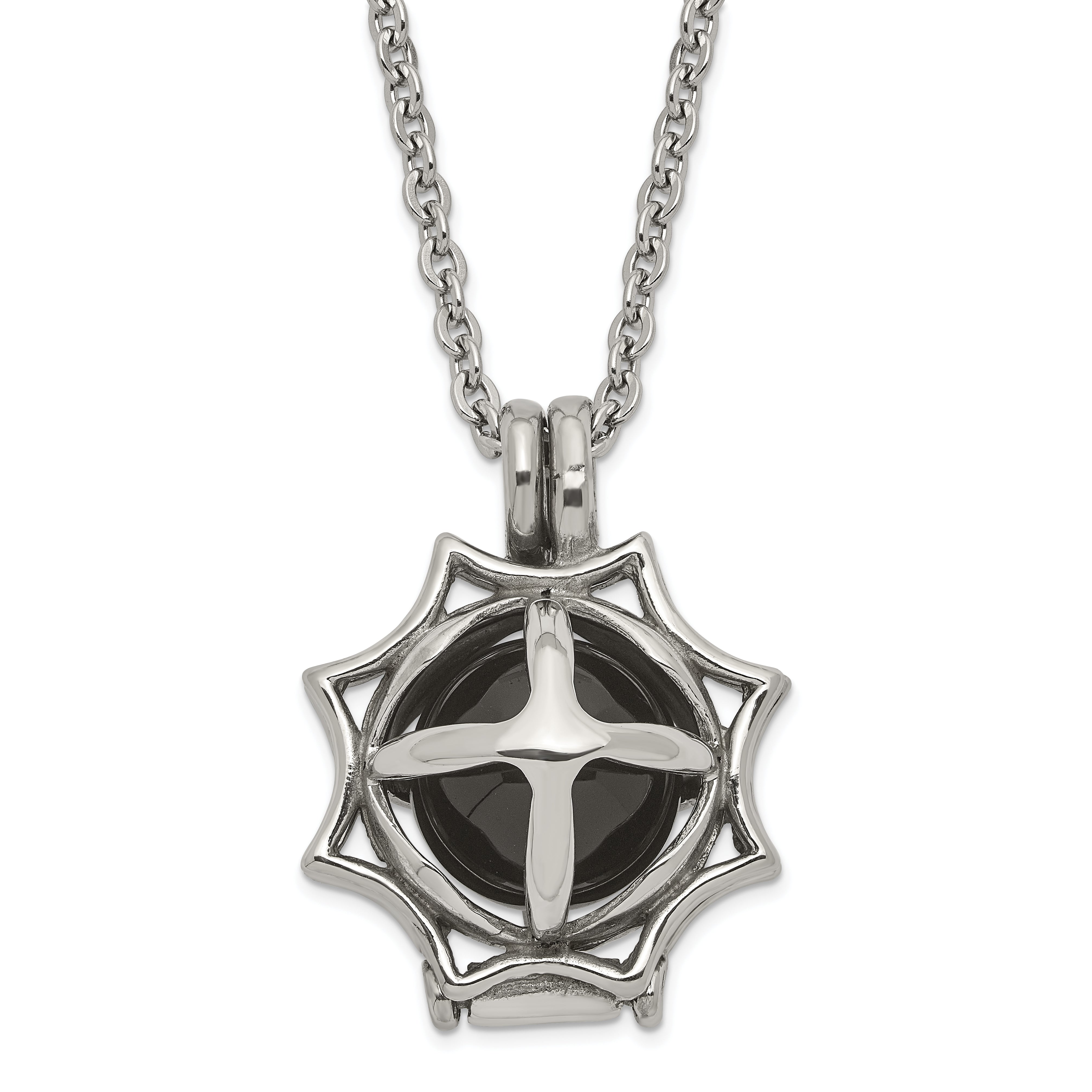 Stainless Steel Polished Black Agate Sun Pendant Necklace Main image