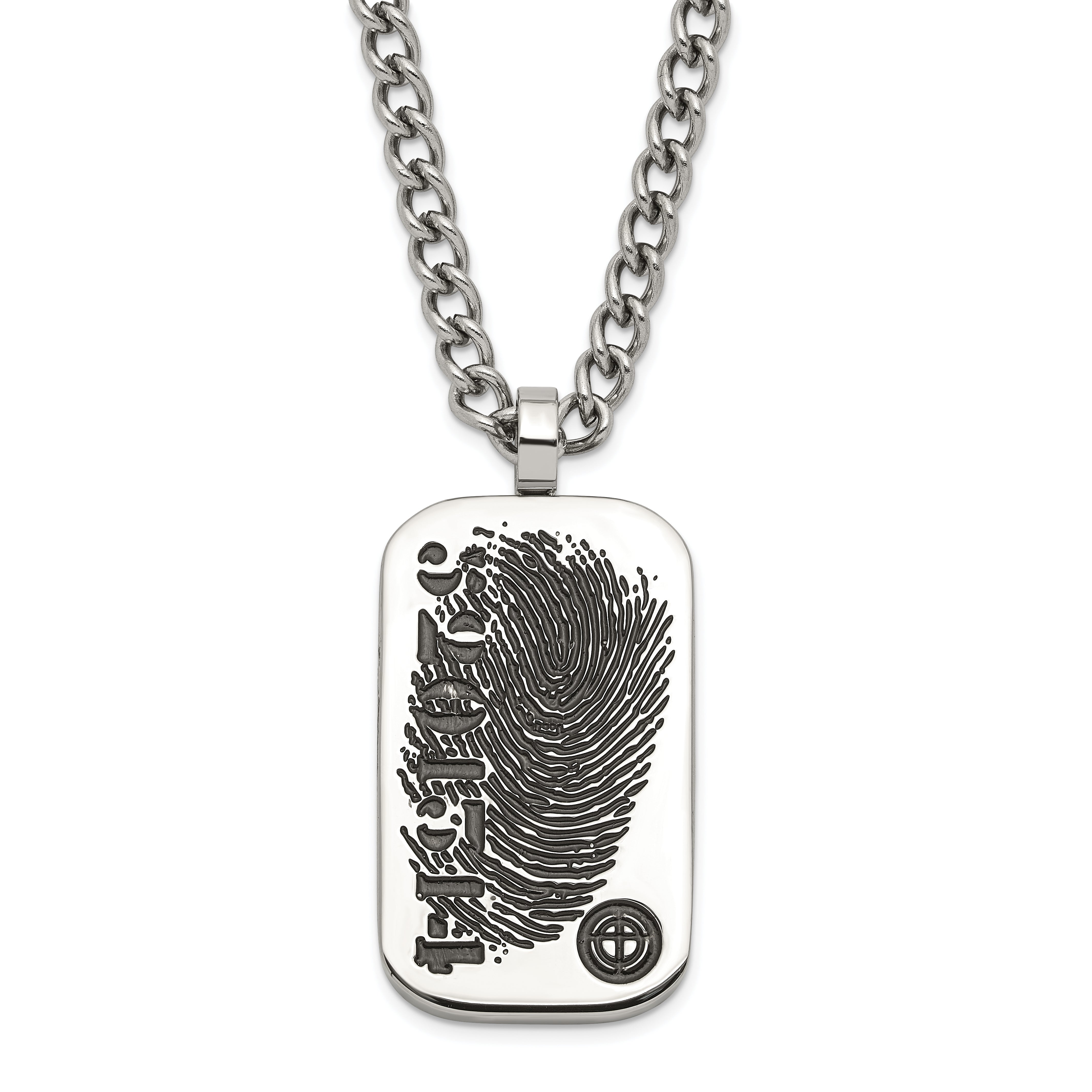 Stainless Steel & Black Enamel Reversible Black CZ Fingerprint Dog Tag w/ 2in ext Necklace Main image