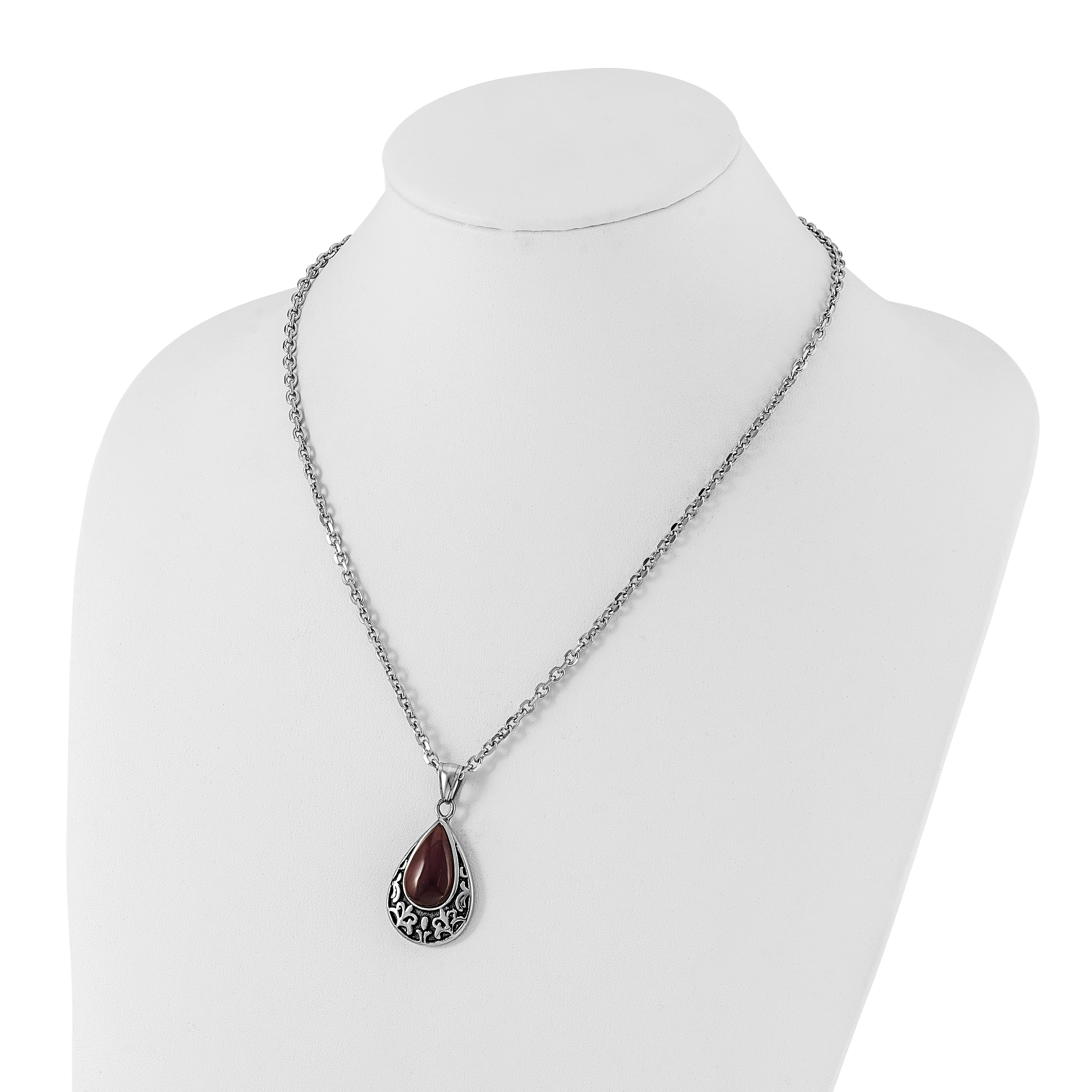 Stainless Steel Polished & Antiqued Purple Cat's Eye Teardrop Necklace Secondary image