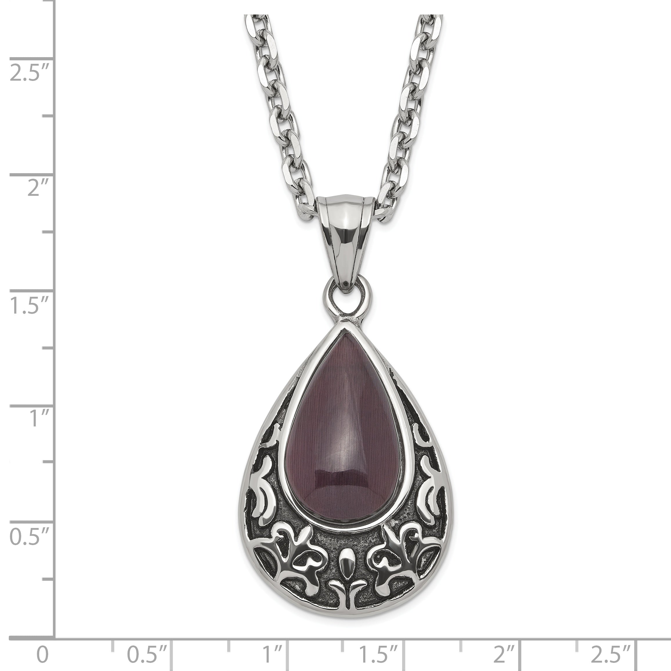 Stainless Steel Polished & Antiqued Purple Cat's Eye Teardrop Necklace