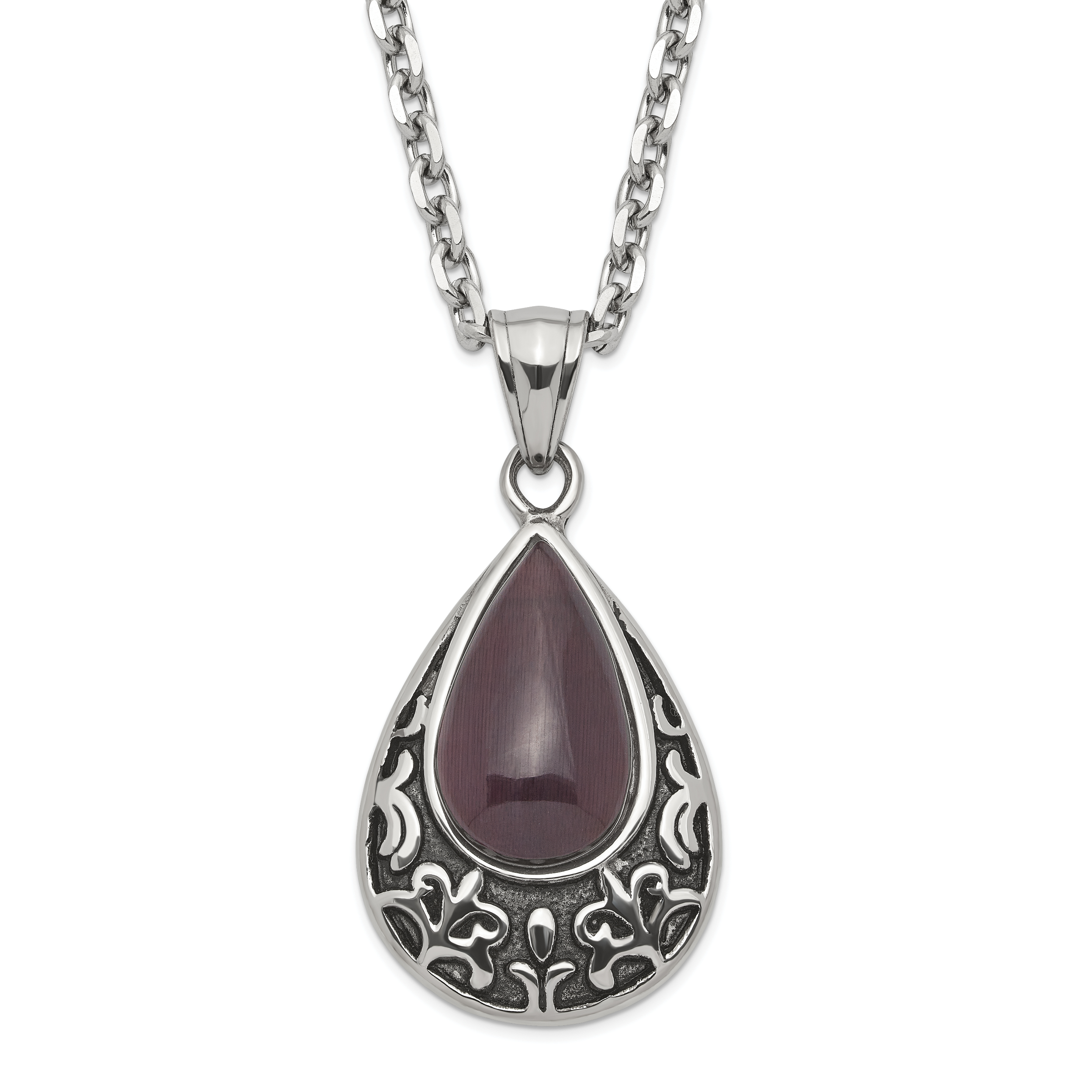 Stainless Steel Polished & Antiqued Purple Cat's Eye Teardrop Necklace Main image
