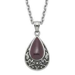 Stainless Steel Polished & Antiqued Purple Cat's Eye Teardrop Necklace