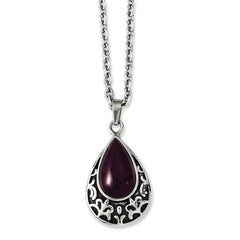 Stainless Steel Necklace with Purple Cat's Eye Teardrop Pendant