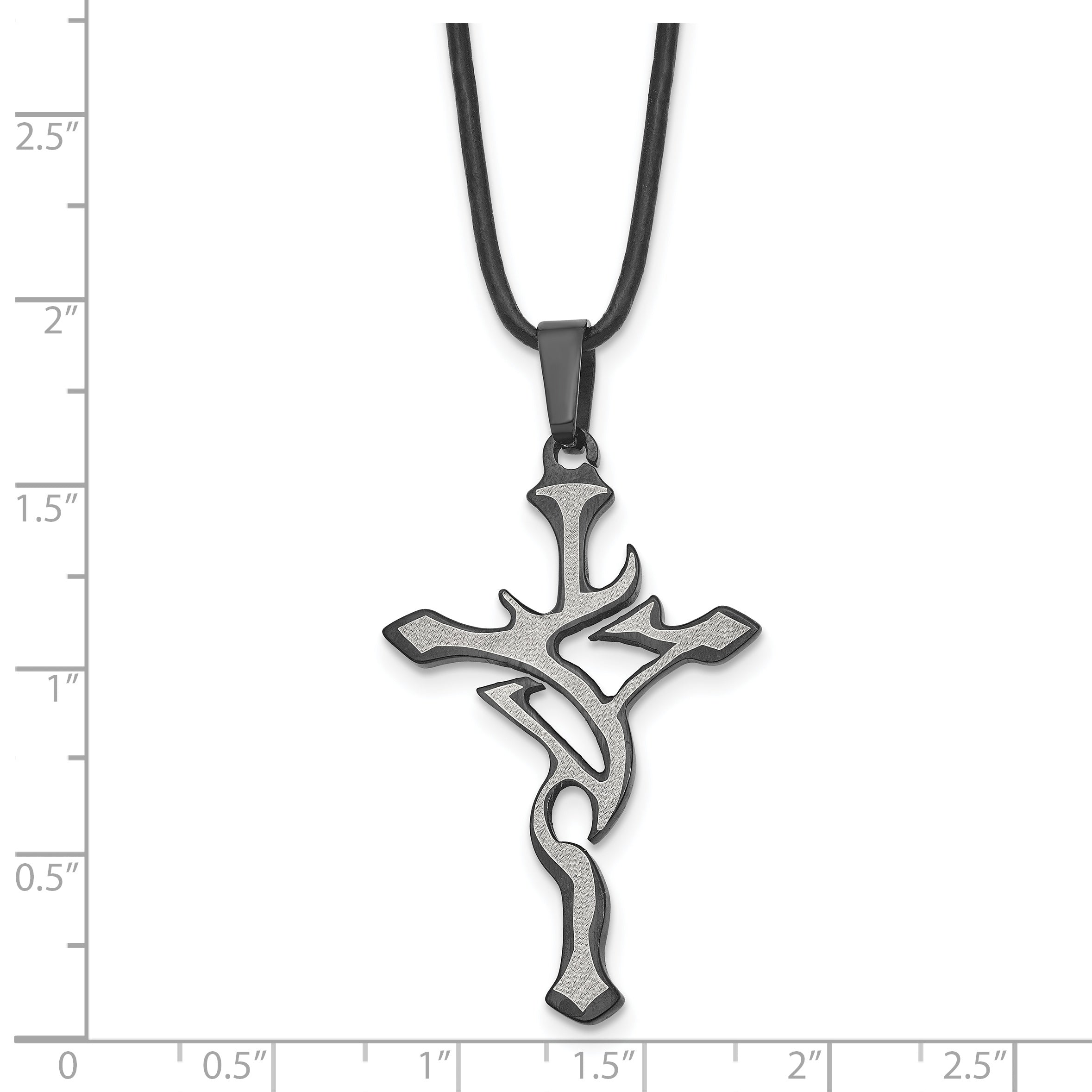 Chisel Stainless Steel Brushed and Polished Black IP-plated Cross Pendant on an 18 inch Leather Cord Necklace