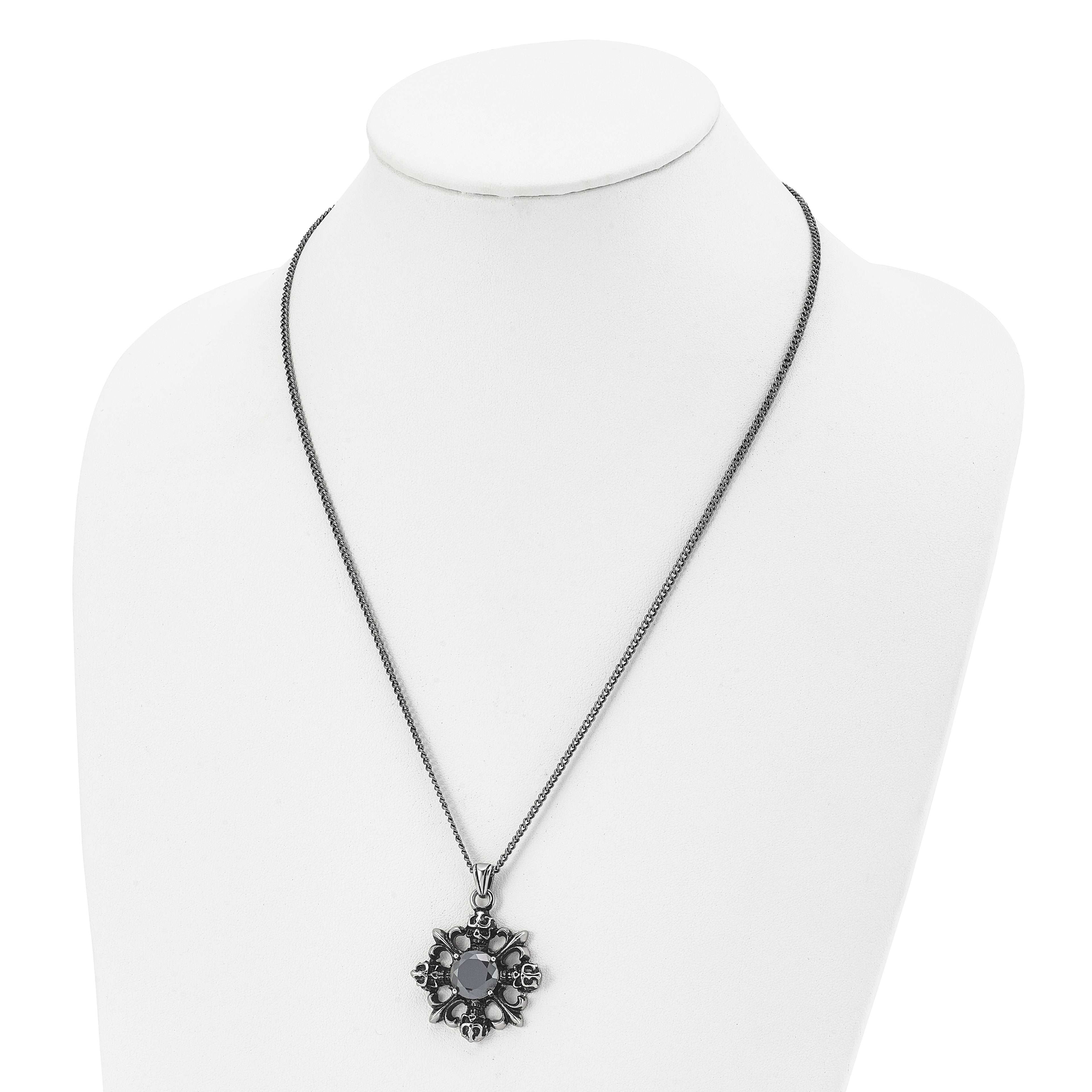 Stainless Steel Men's Necklace with Black CZ Skulls & Fleur de Lis