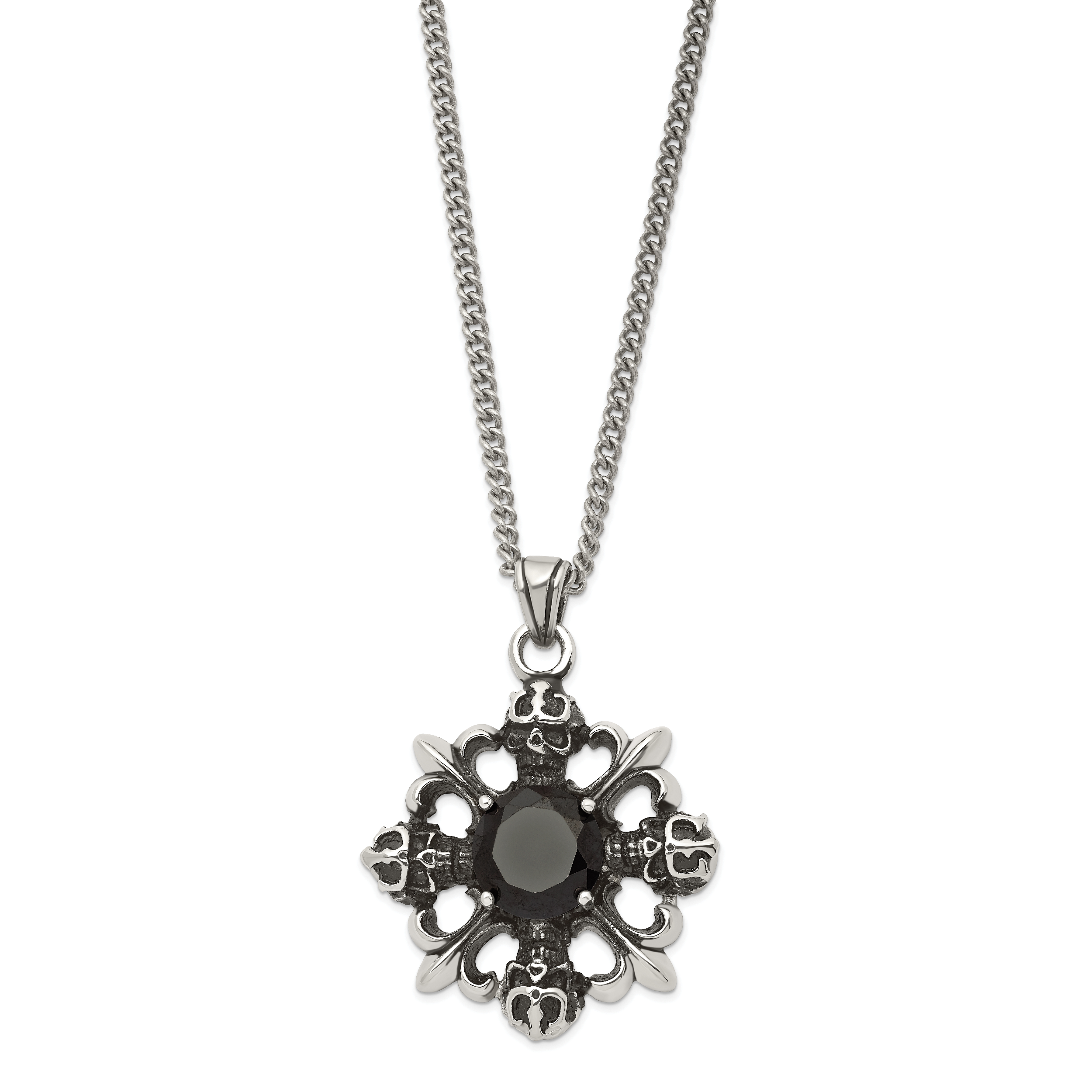 Stainless Steel Antiqued & Polished w/Black CZ Skulls & Fleur de lis Neckla