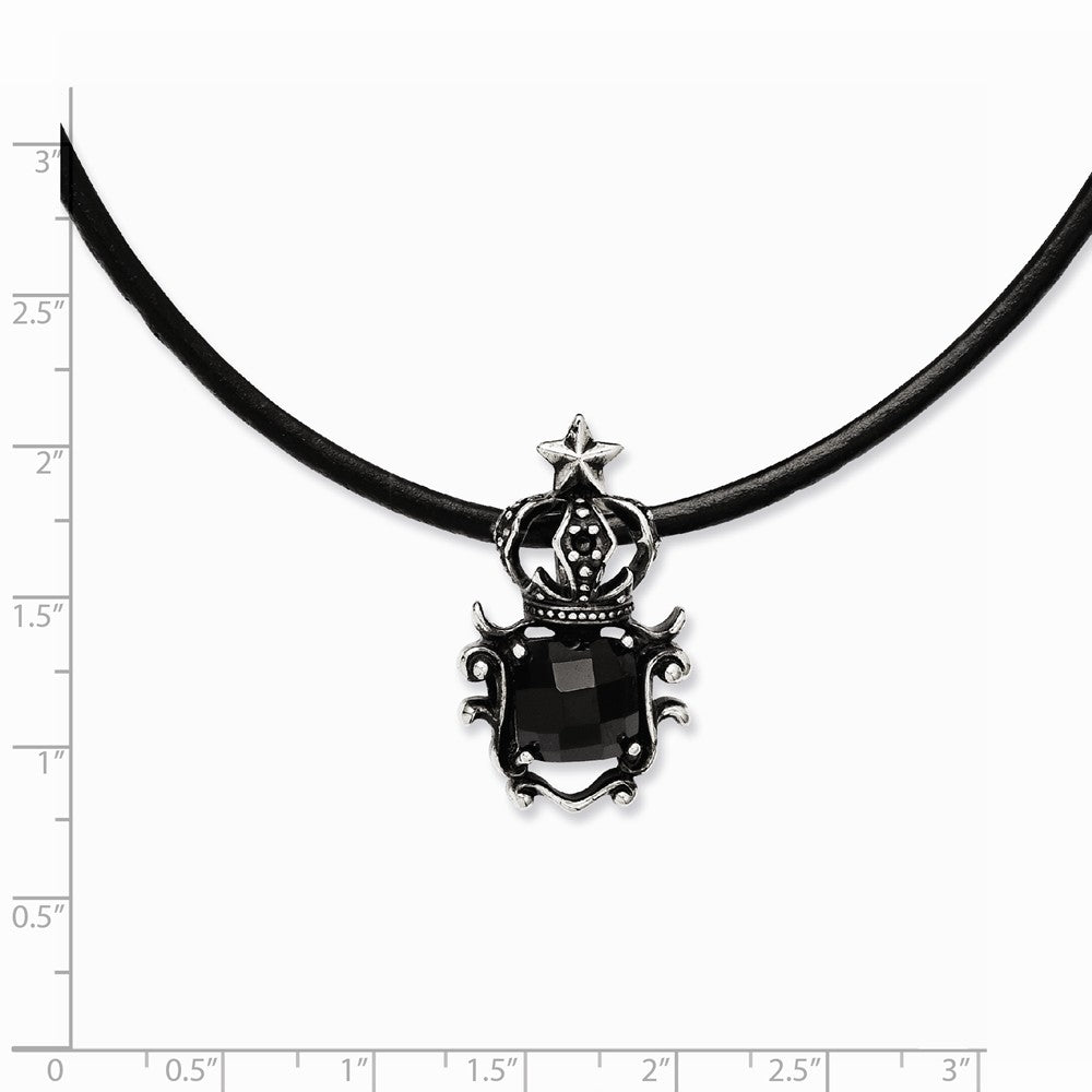Stainless Steel Antiqued Crown with Black Glass Necklace