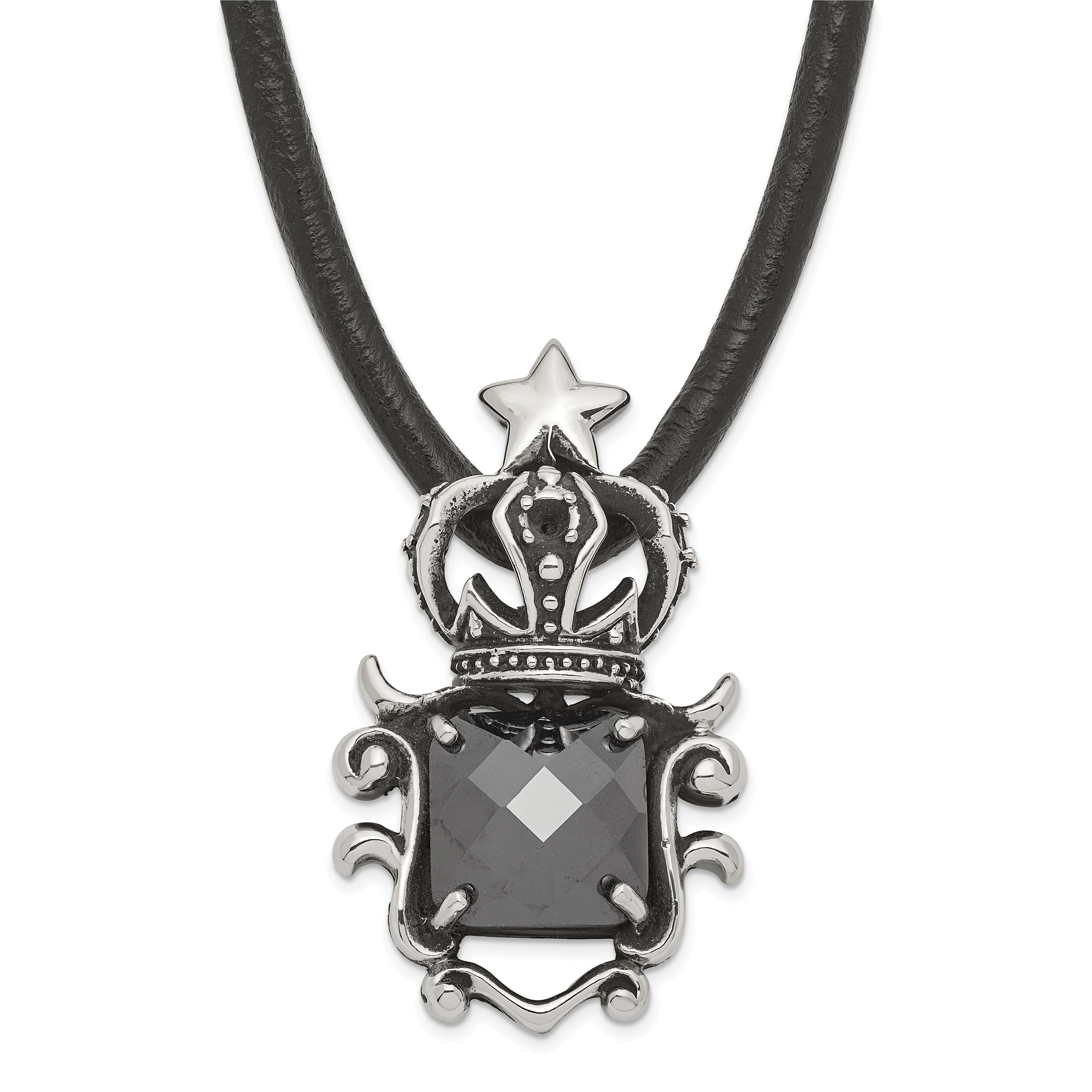 Stainless Steel Antiqued Star Crown with Black Glass Necklace Main image