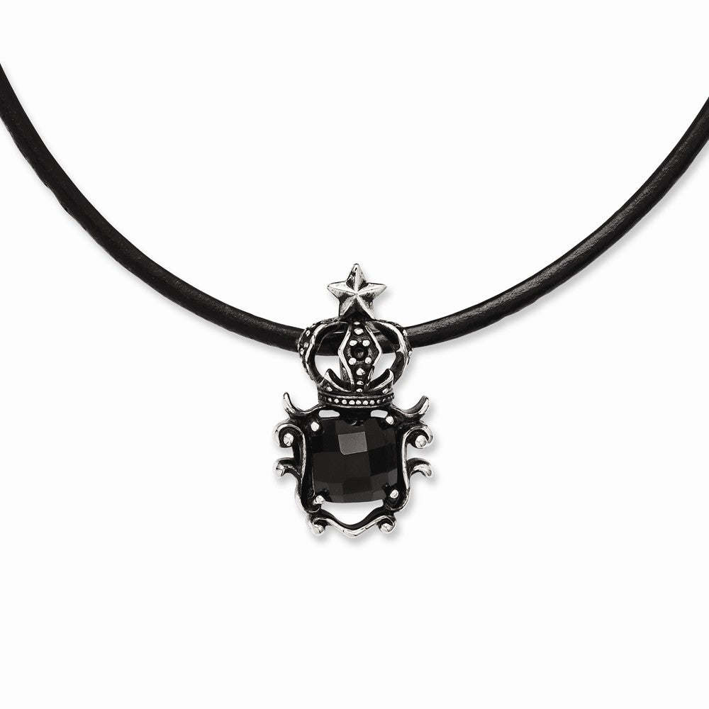 Antiqued Stainless Steel Crown Necklace with Black Glass Pendant