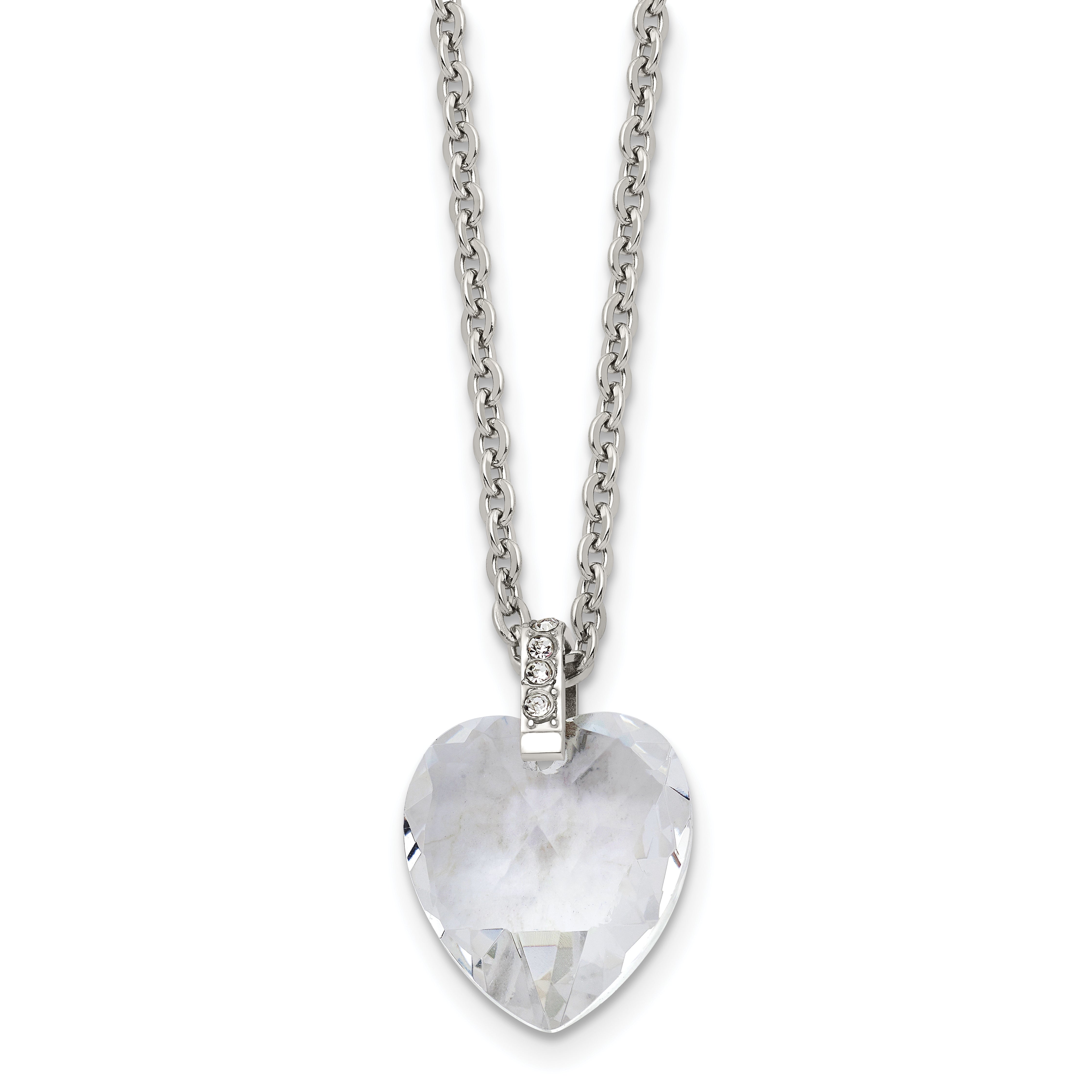 Stainless Steel Polished Crystal Heart w/CZ 18in Necklace Main image