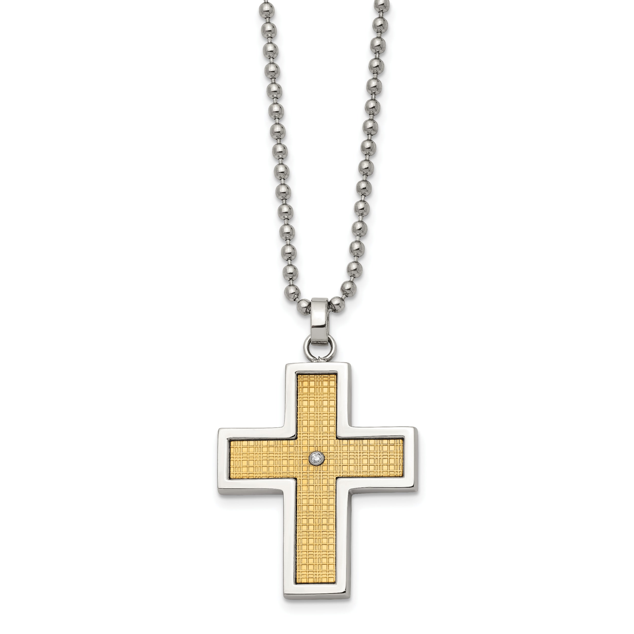 Chisel Stainless Steel Polished with 14k Gold Accent .01 carat Diamond Cross Pendant on a 22 inch Ball Chain Necklace