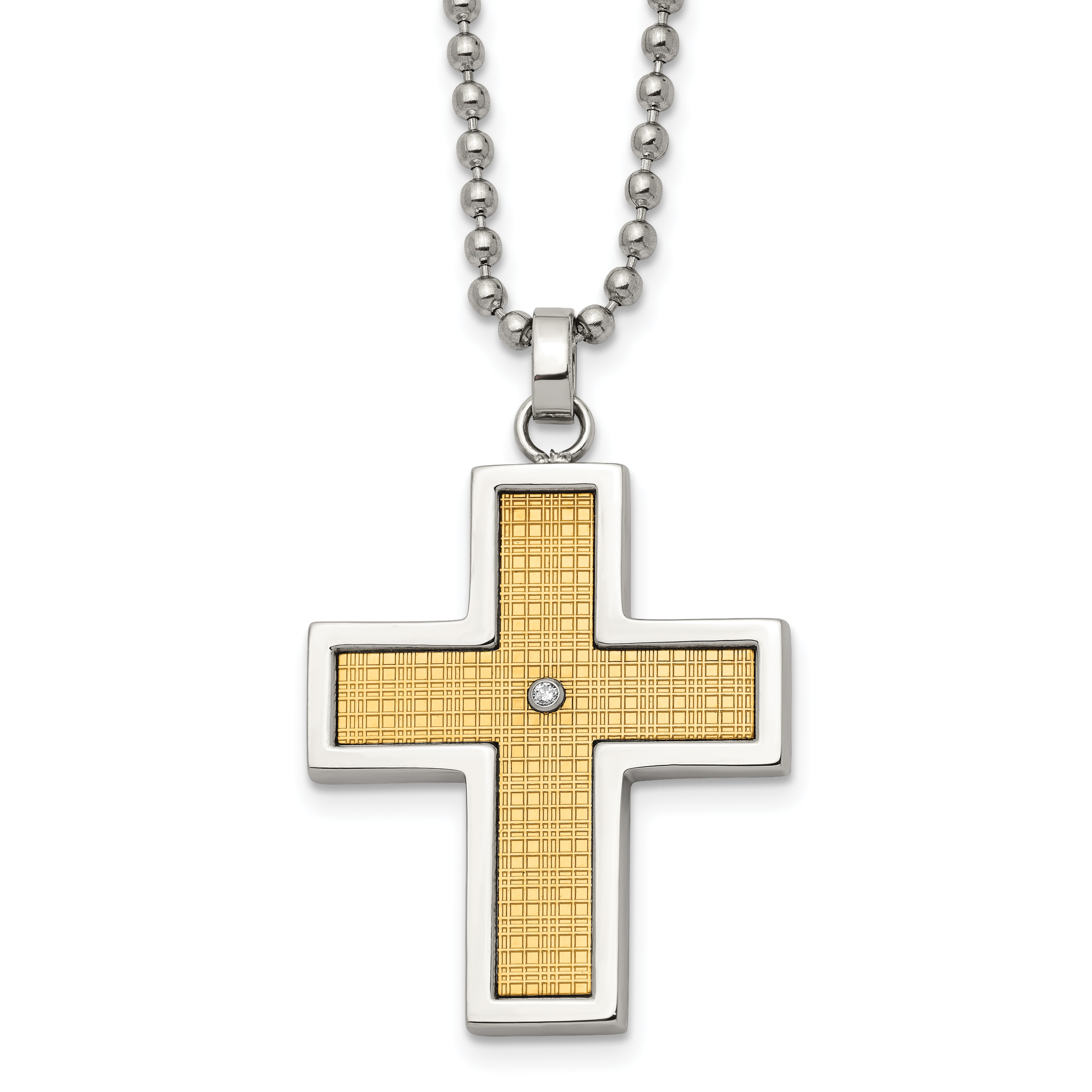 Chisel Stainless Steel Polished with 14k Gold Accent .01 carat Diamond Cross Pendant on a 22 inch Ball Chain Necklace Main image