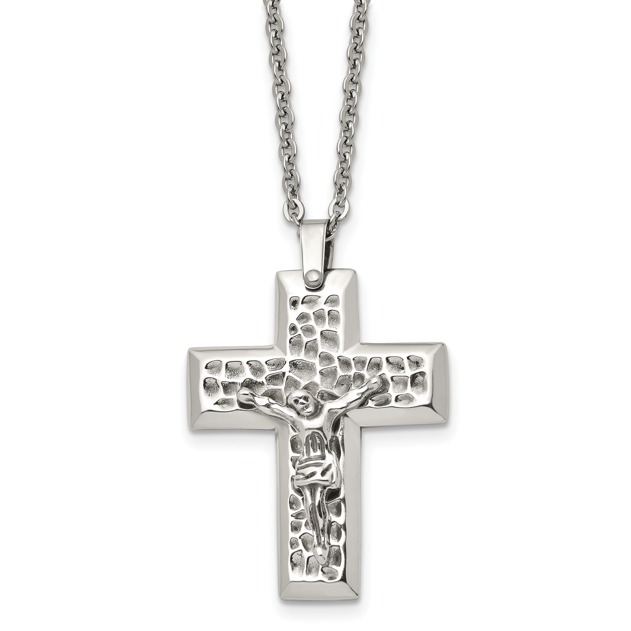 Chisel Stainless Steel Polished and Textured Crucifix Pendant on a 20 inch Cable Chain Necklace Main image
