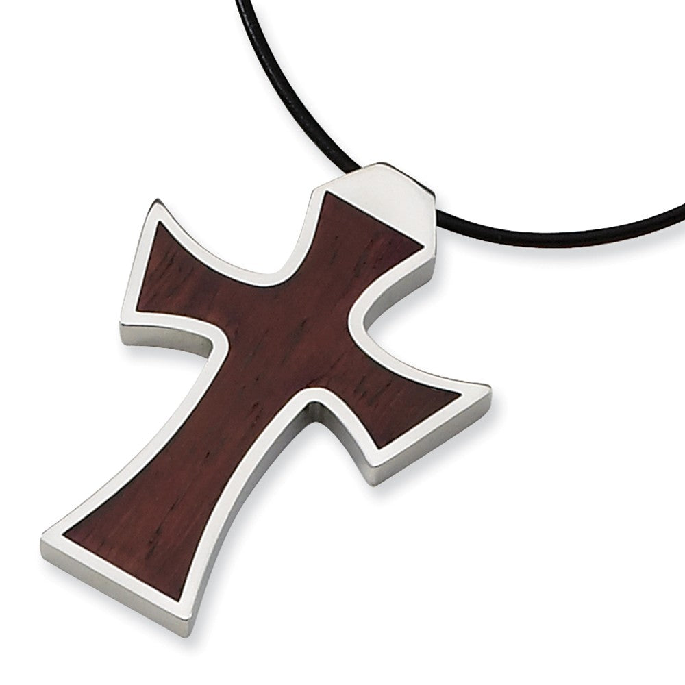 Stainless Steel Leather Cord Wood Cross Necklace