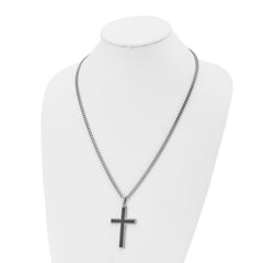 Stainless Steel Cross Pendant with Polished Black Carbon Fiber Inlay Necklace - 24