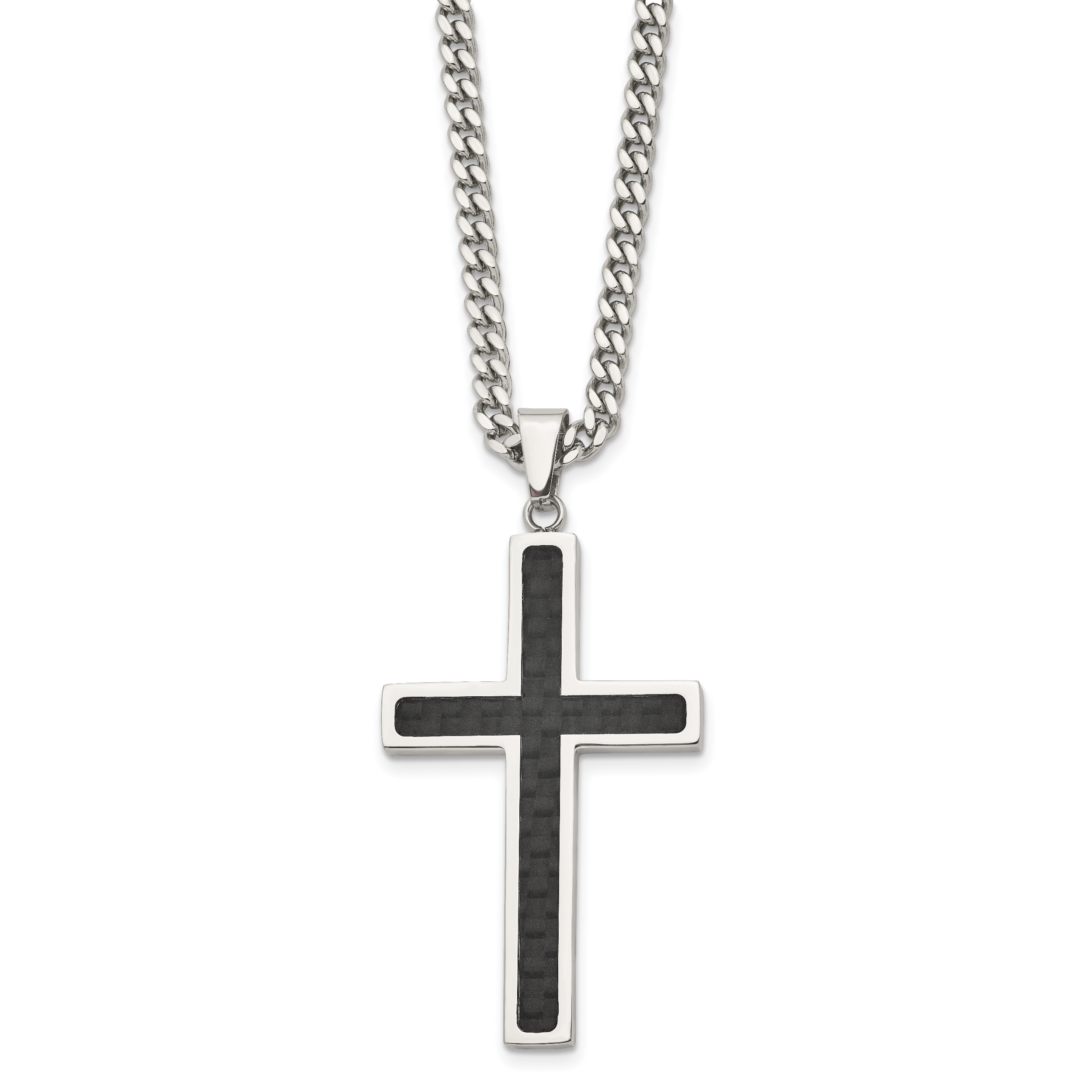 Chisel Stainless Steel Polished with Black Carbon Fiber Inlay Cross Pendant on a 24 inch Curb Chain Necklace Main image