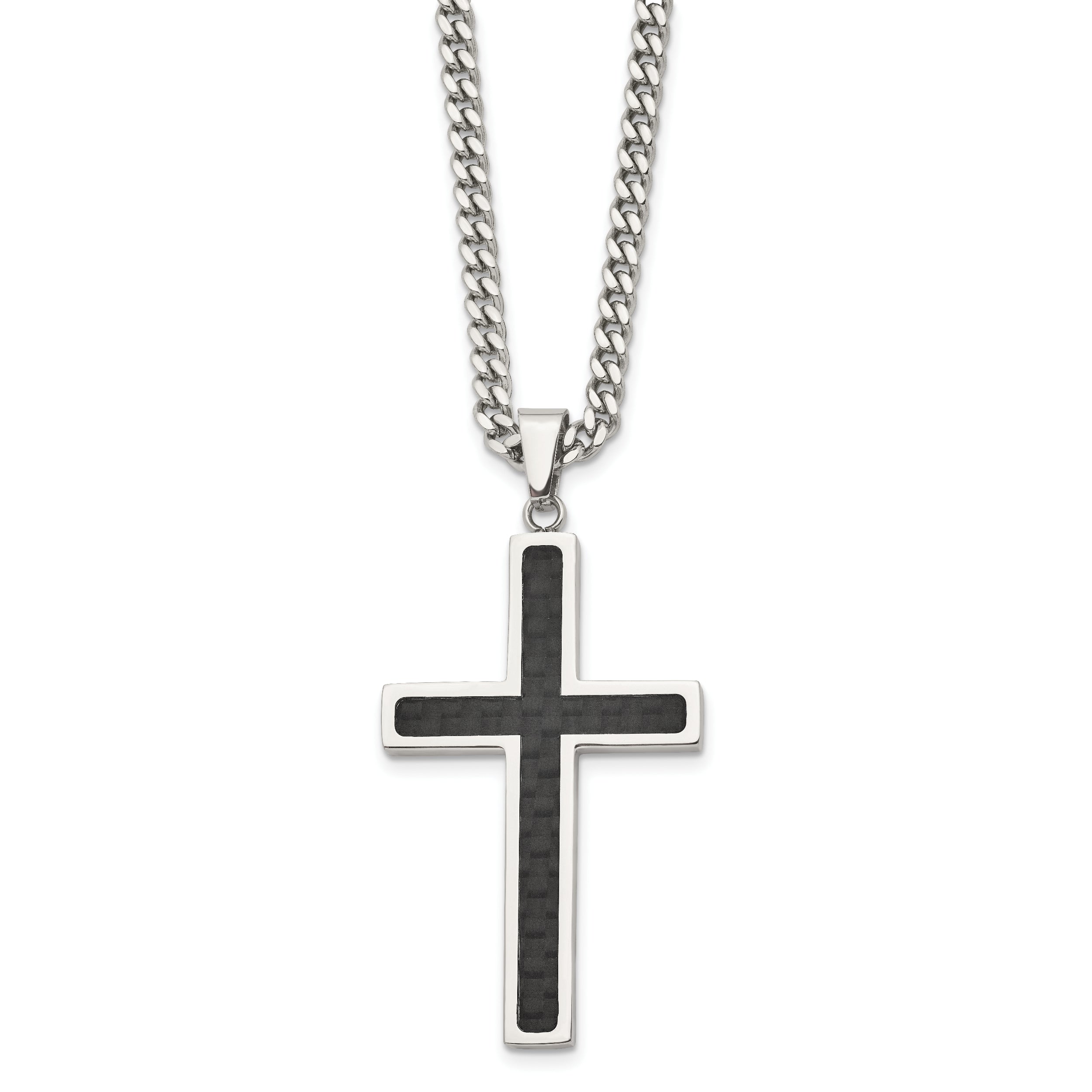Chisel Stainless Steel Polished with Black Carbon Fiber Inlay Cross Pendant on a 24 inch Curb Chain Necklace