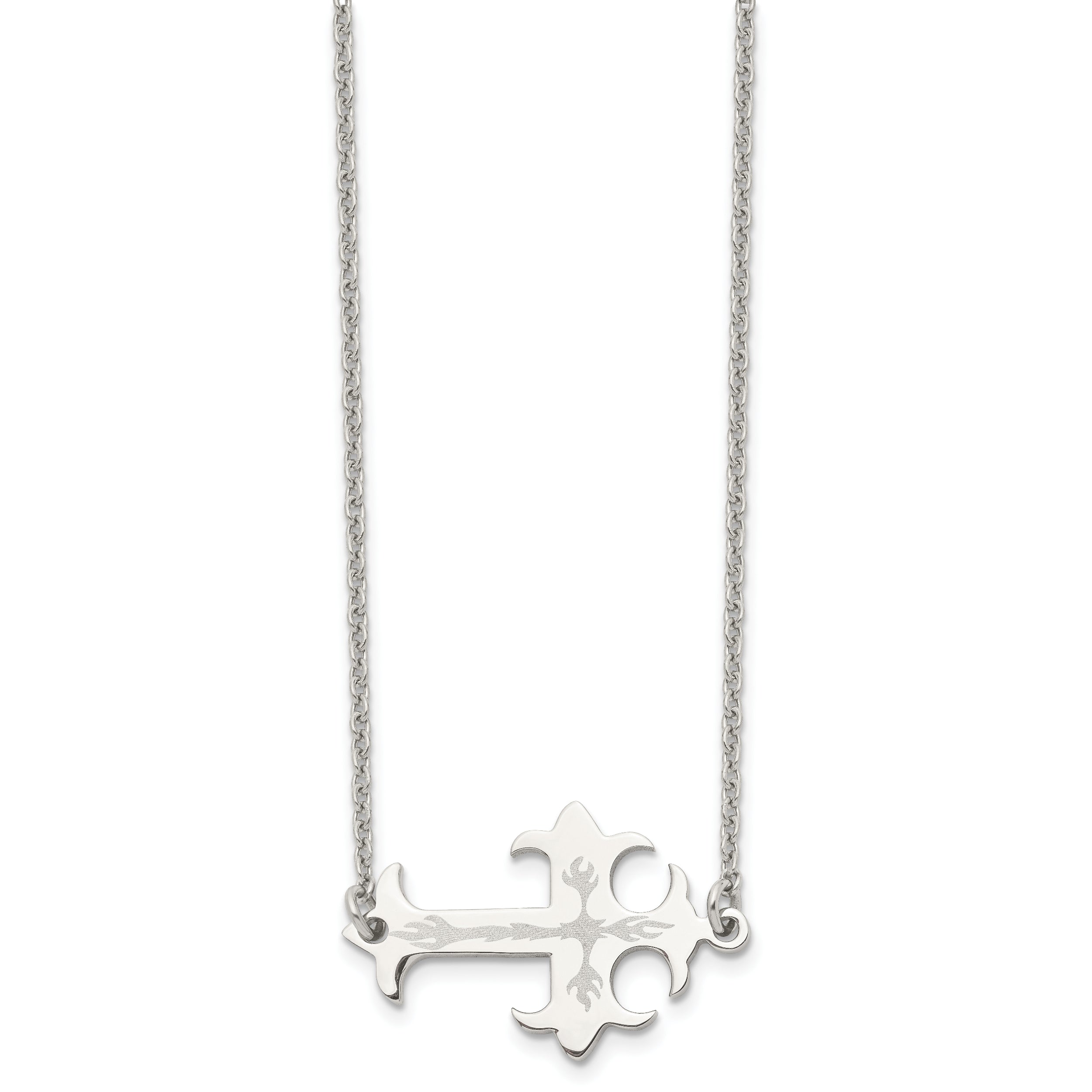 Chisel Stainless Steel Brushed and Polished Flame Design Sideways Cross on a 21 inch Cable Chain Necklace