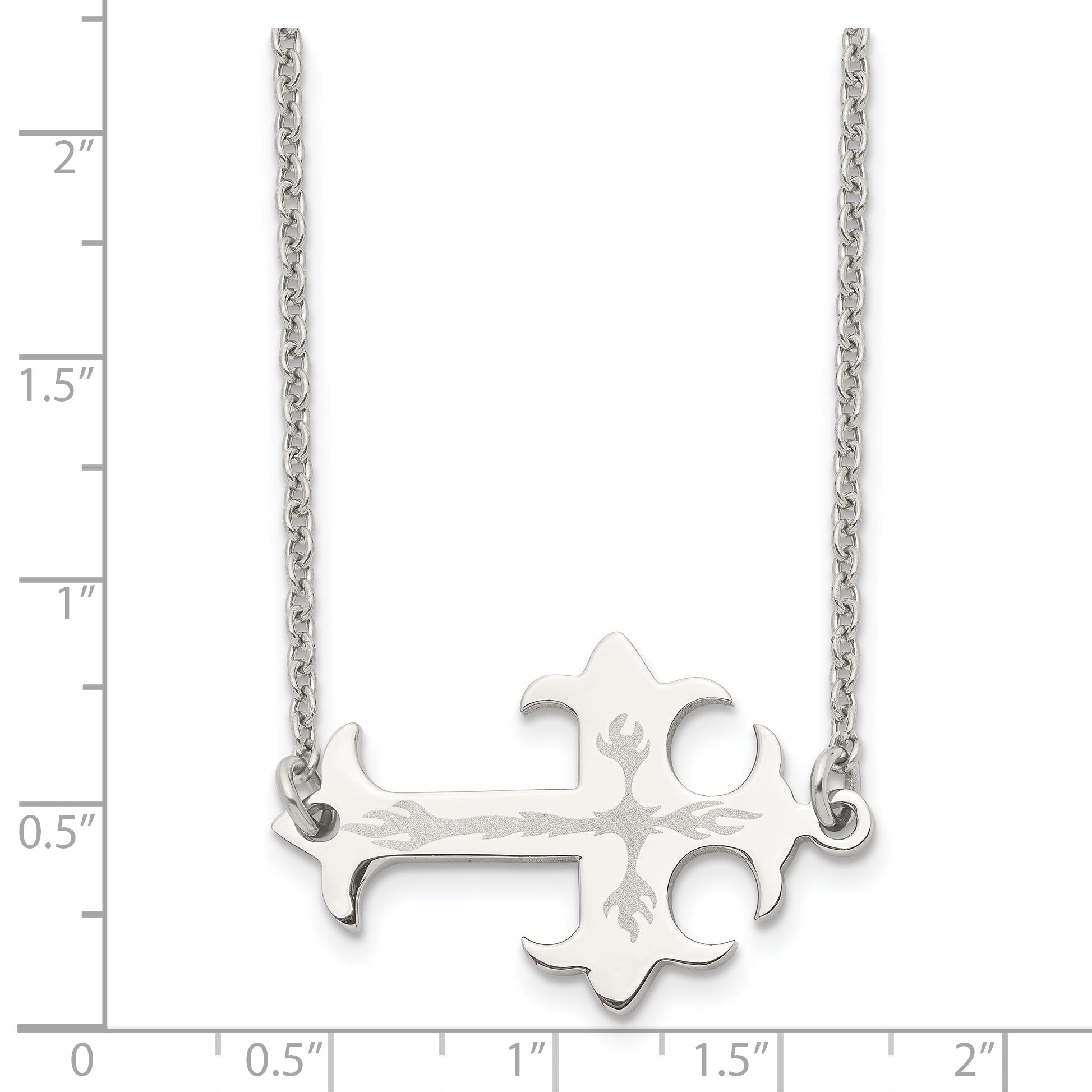 Chisel Stainless Steel Brushed and Polished Flame Design Sideways Cross on a 21 inch Cable Chain Necklace