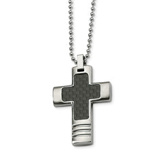 Stainless Steel Brushed & Polished With Carbon Fiber Inlay Cross Necklace
