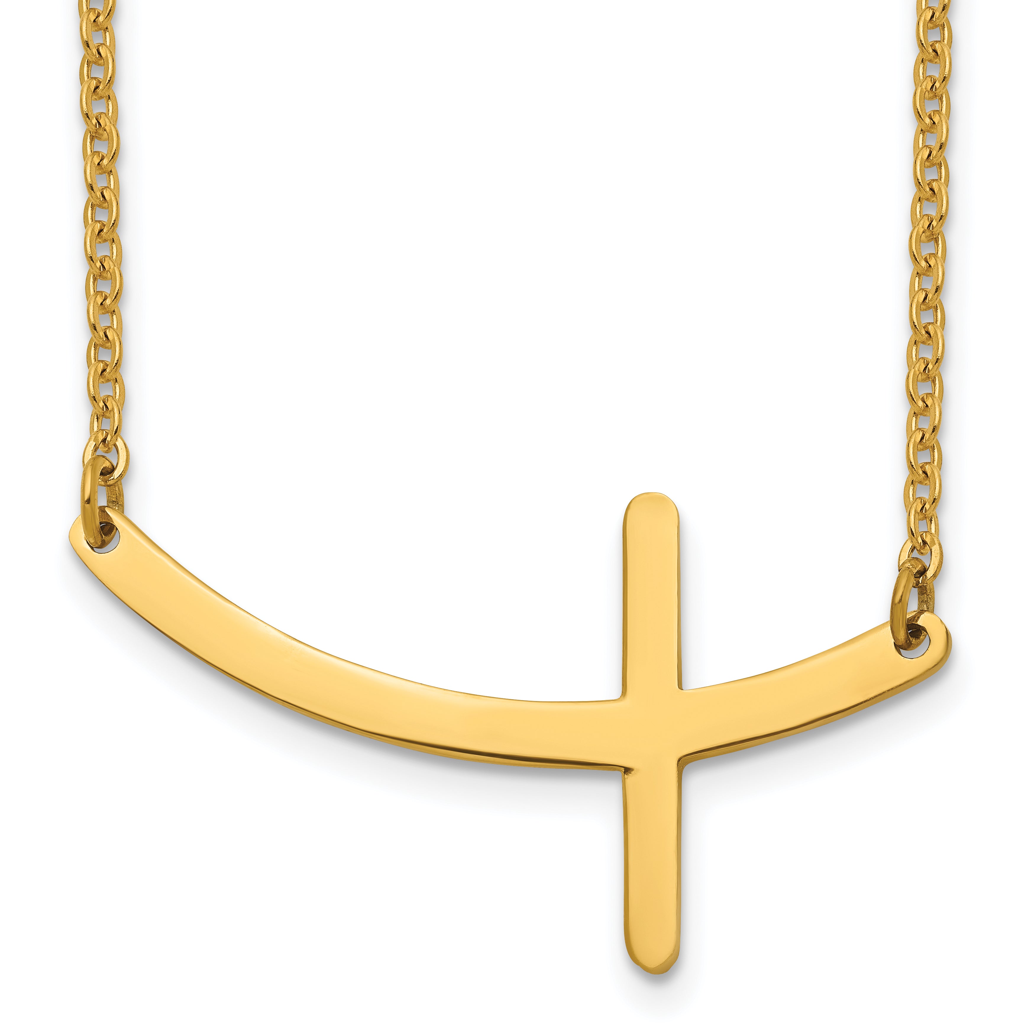 Chisel Stainless Steel Polished Yellow IP-plated Curved Sideways Cross on an 18 inch Cable Chain Necklace Main image