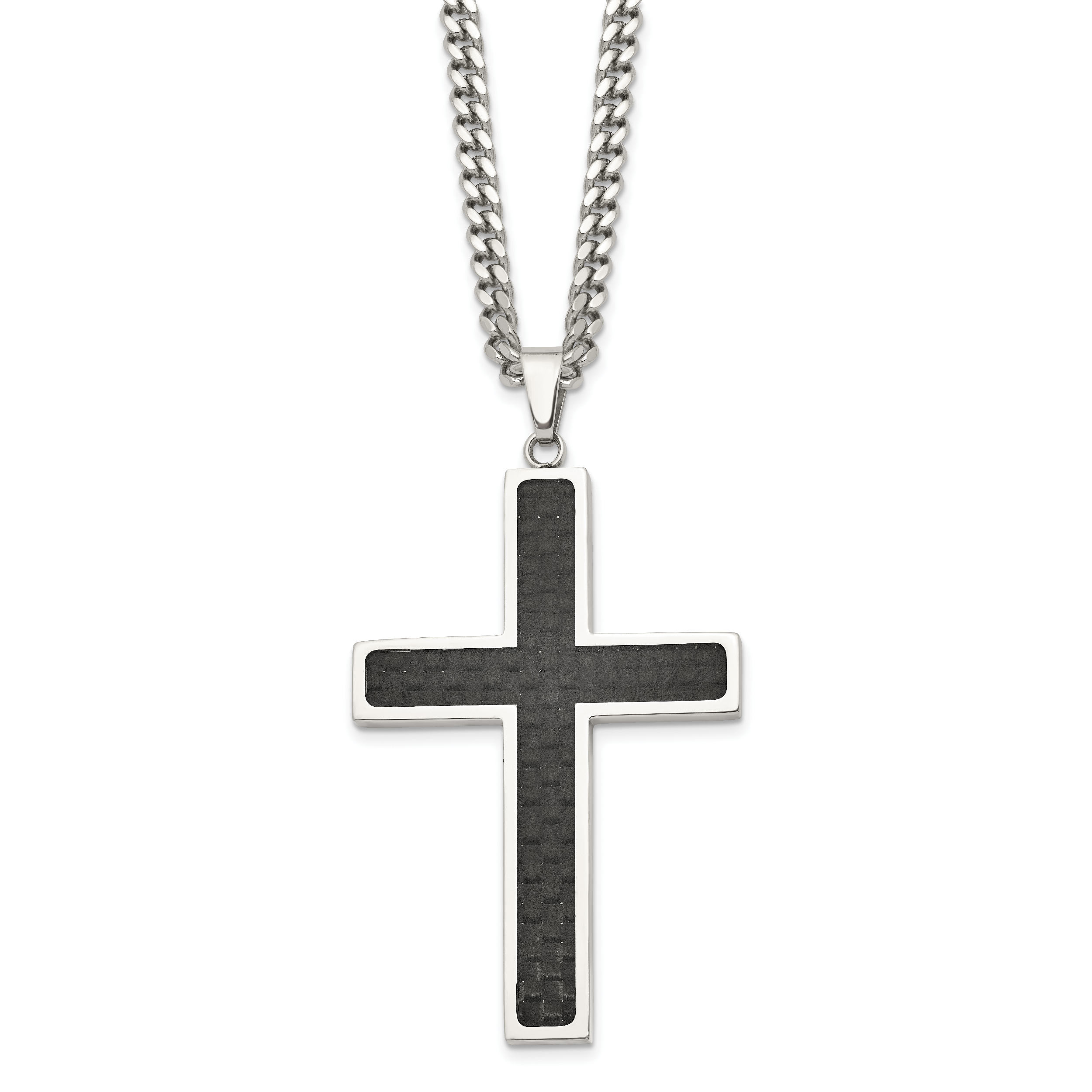 Chisel Stainless Steel Polished with Black Carbon Fiber Inlay Cross Pendant on a 24 inch Curb Chain Necklace Main image
