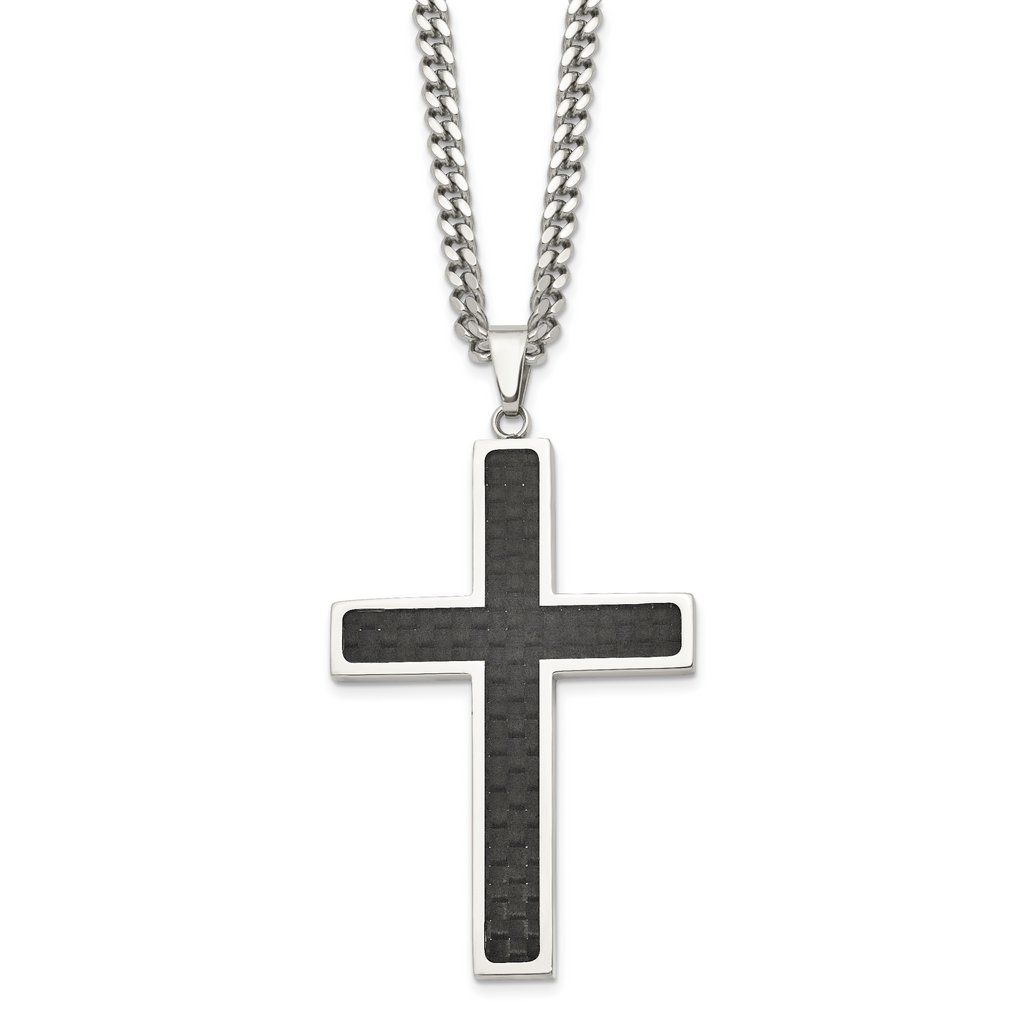 Chisel Stainless Steel Polished with Black Carbon Fiber Inlay Cross Pendant on a 24 inch Curb Chain Necklace