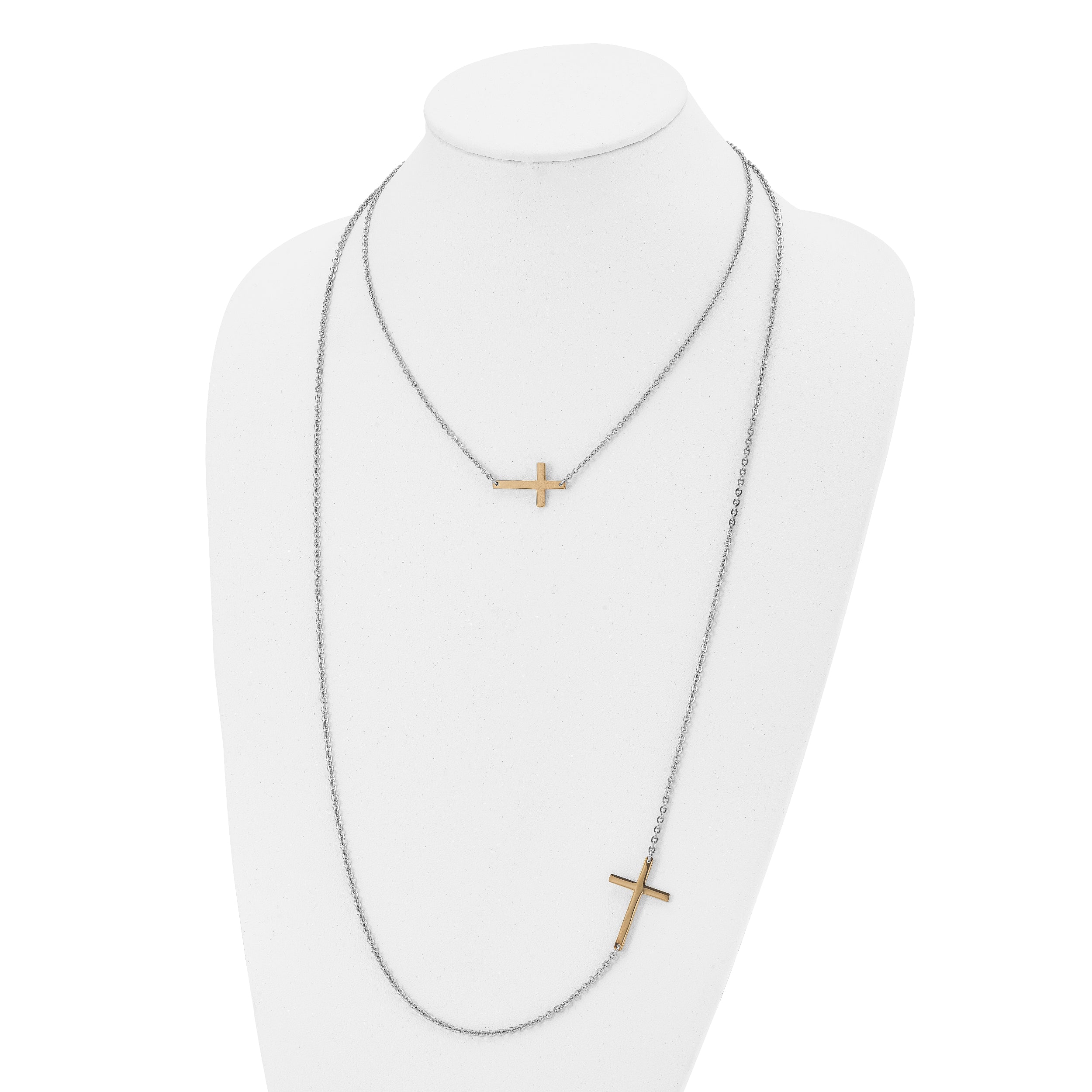 Gold Tone Stainless Steel Layered Necklace with Polished Sideways Cross for Women