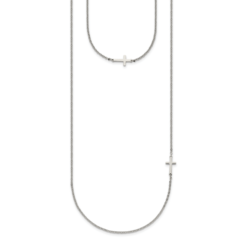 Chisel Stainless Steel Polished Layered Sideways Cross on an 18 inch Cable Chain Necklace