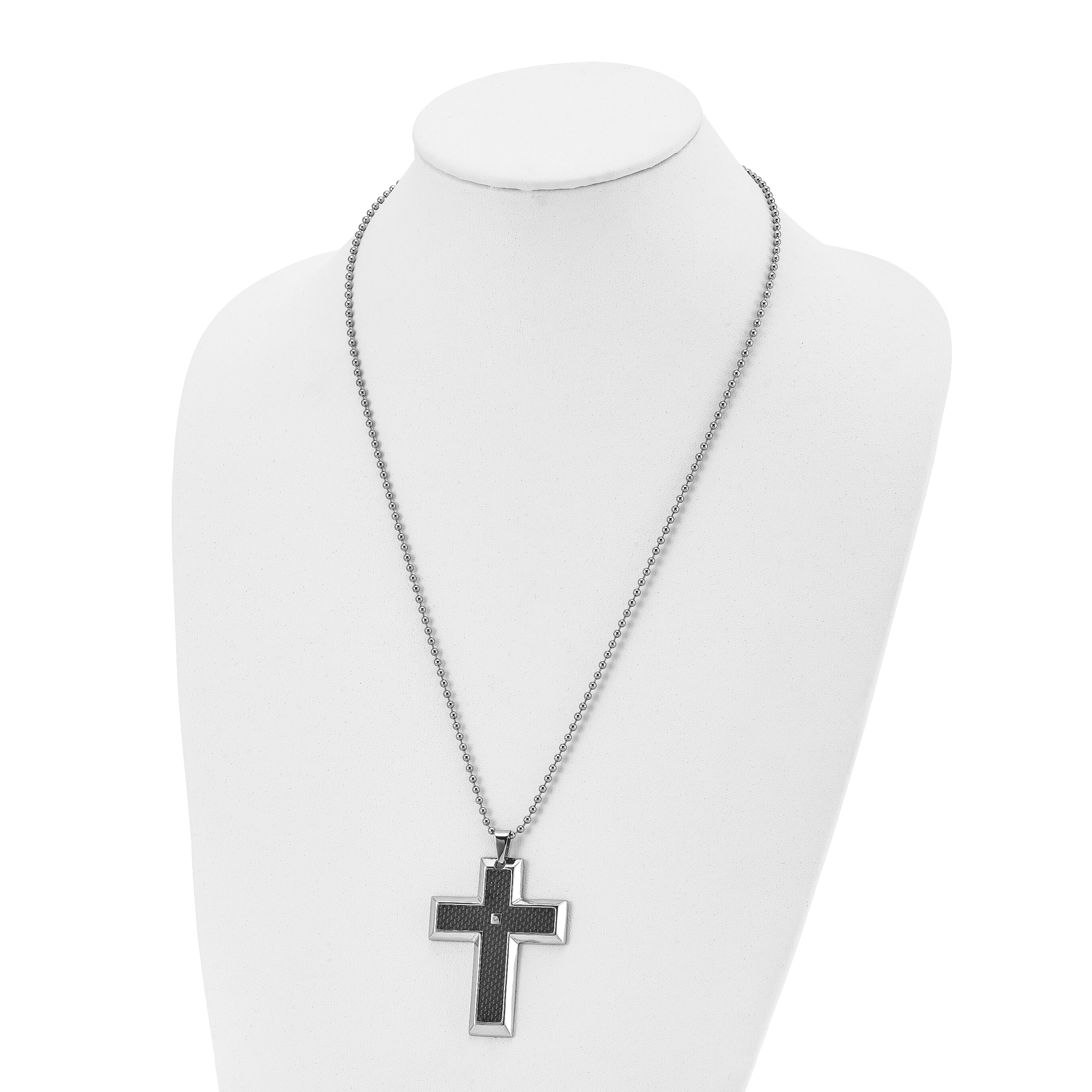 Chisel Stainless Steel Polished with Black Carbon Fiber Inlay .0.1 Carat Diamond Cross Pendant on a 24 inch Ball Chain Necklace
