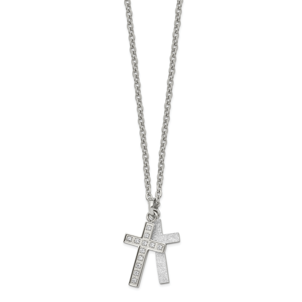 Laser-Cut Cross 2-Piece Necklace in Stainless Steel with CZ