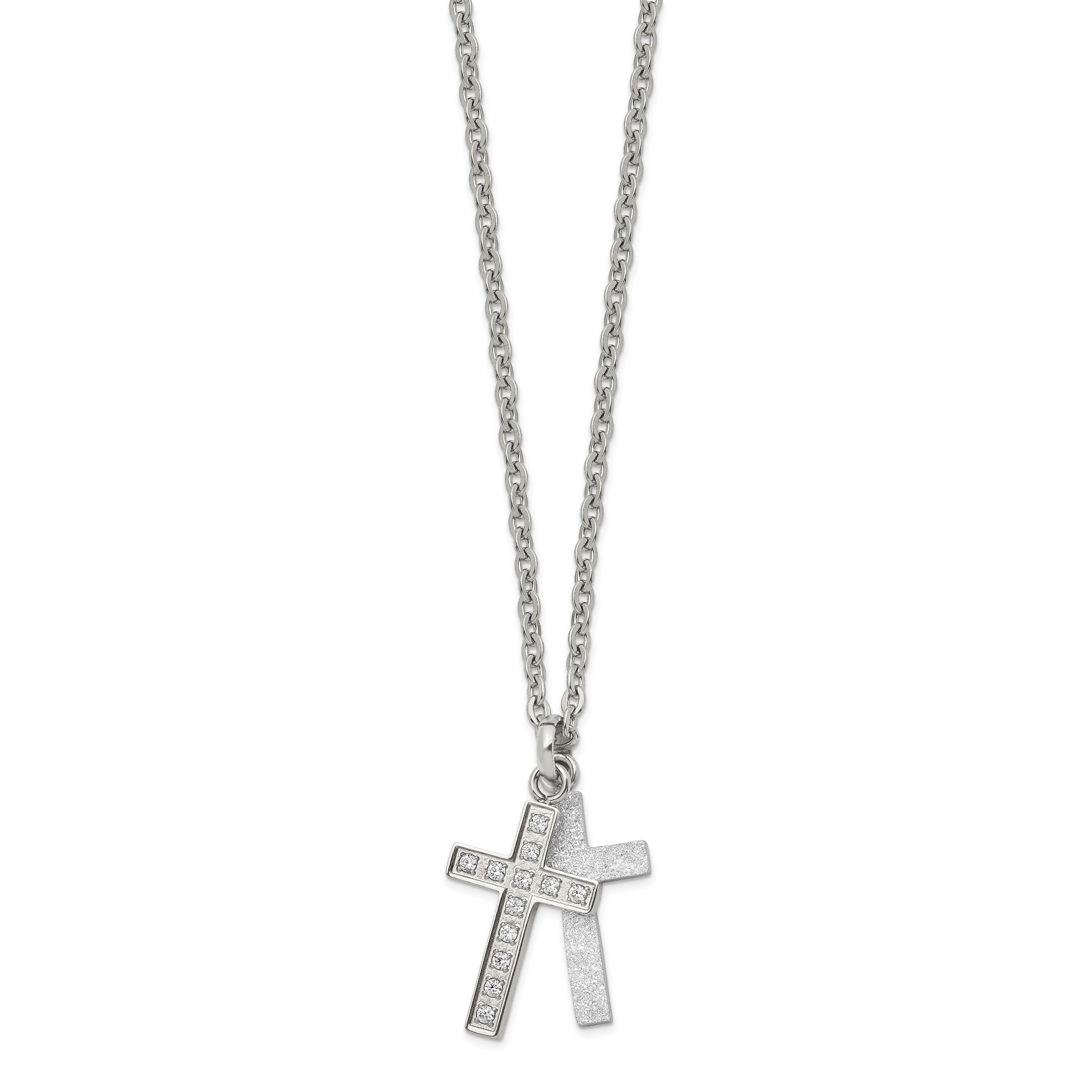 Laser-Cut Cross 2-Piece Necklace in Stainless Steel with CZ