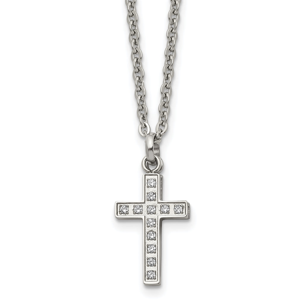 Laser-Cut Cross 2-Piece Necklace in Stainless Steel with CZ