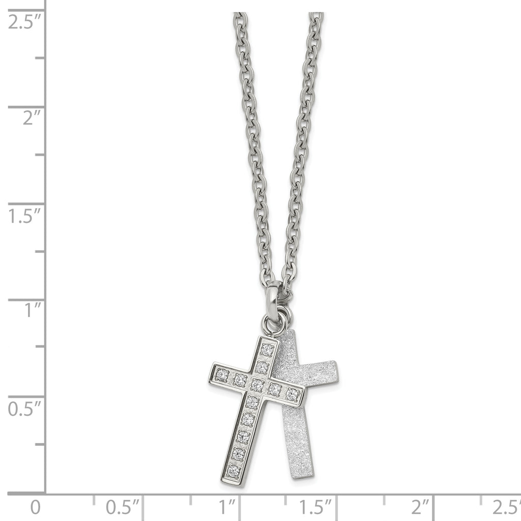 Laser-Cut Cross 2-Piece Necklace in Stainless Steel with CZ
