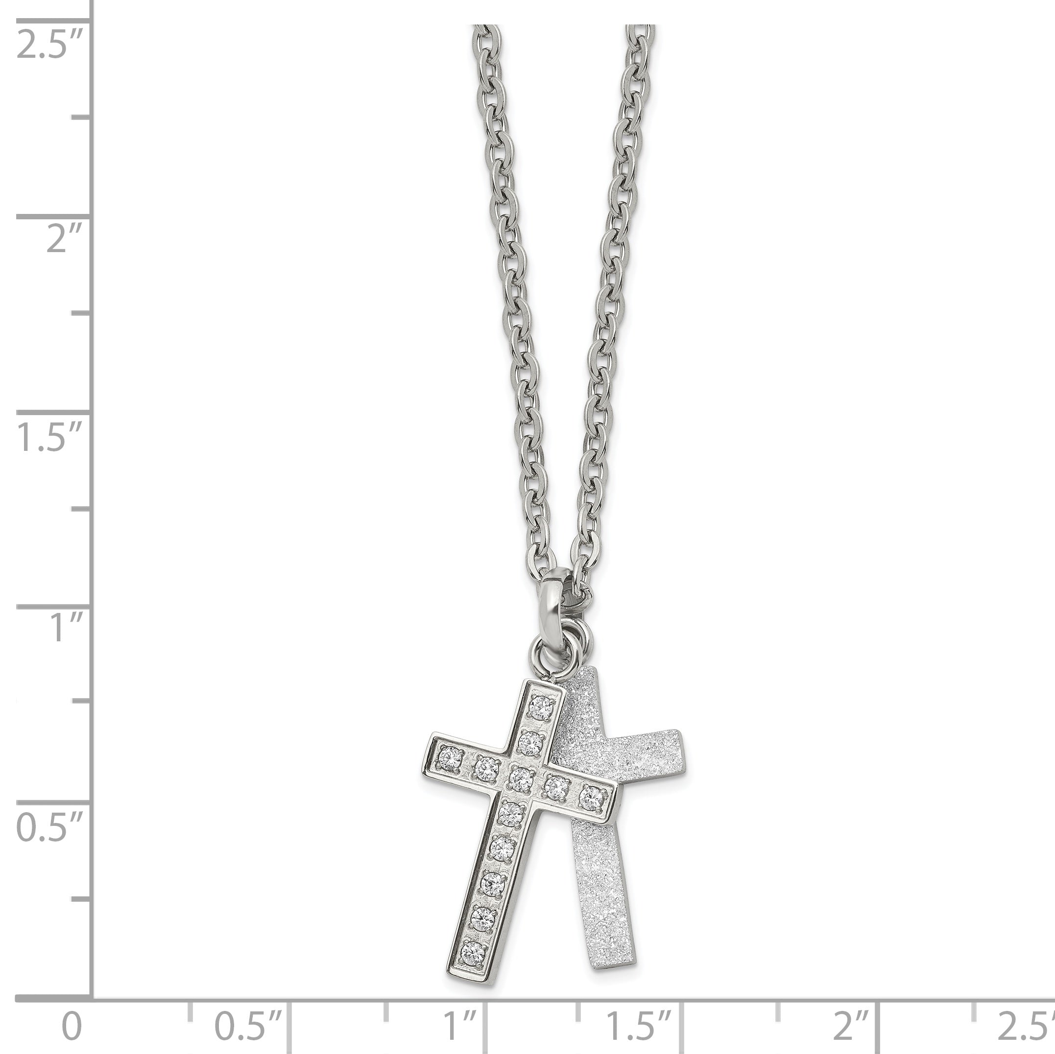 Laser-Cut Cross 2-Piece Necklace in Stainless Steel with CZ