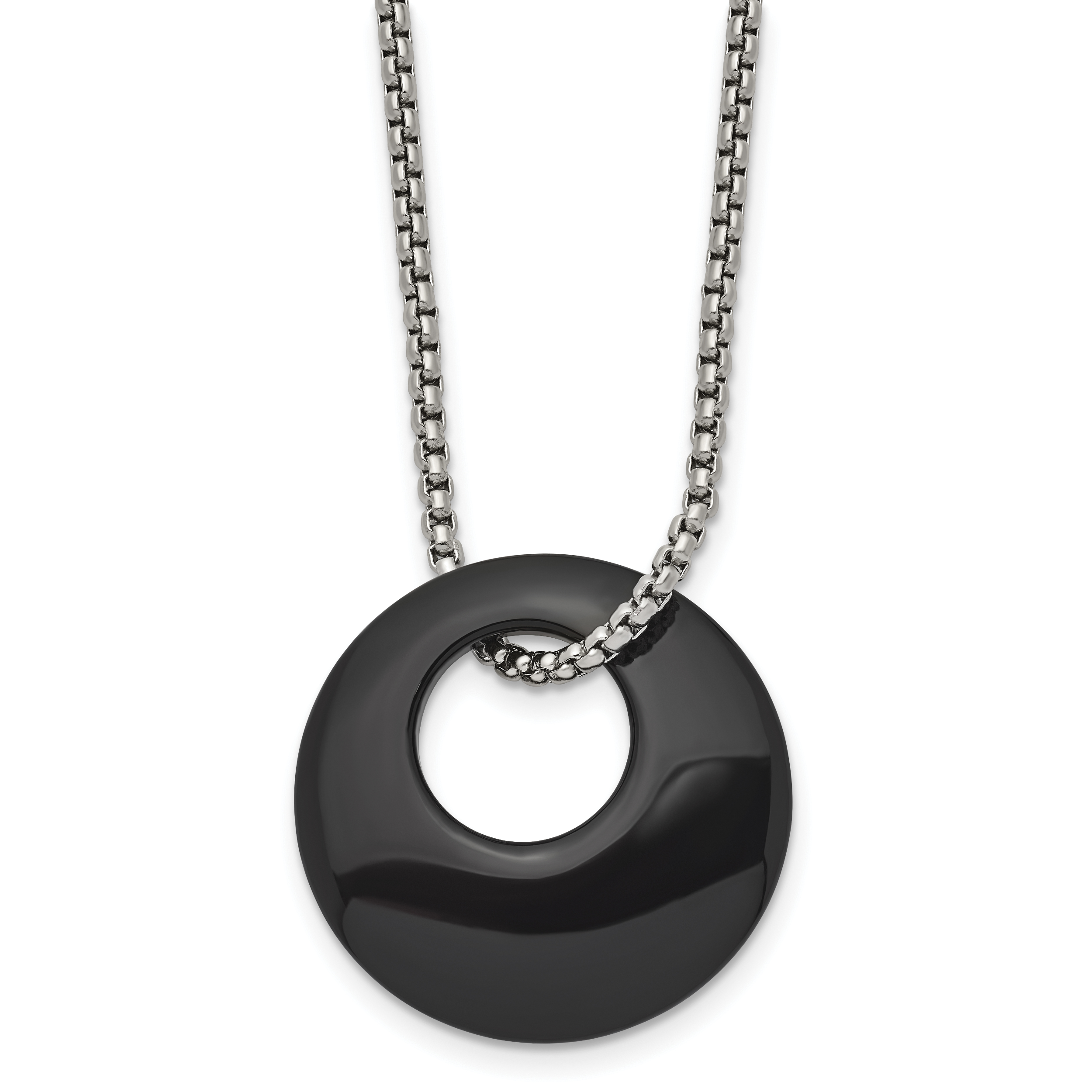 Chisel Stainless Steel Polished Black Onyx Circle Pendant on an 18 inch Box Chain Necklace Main image