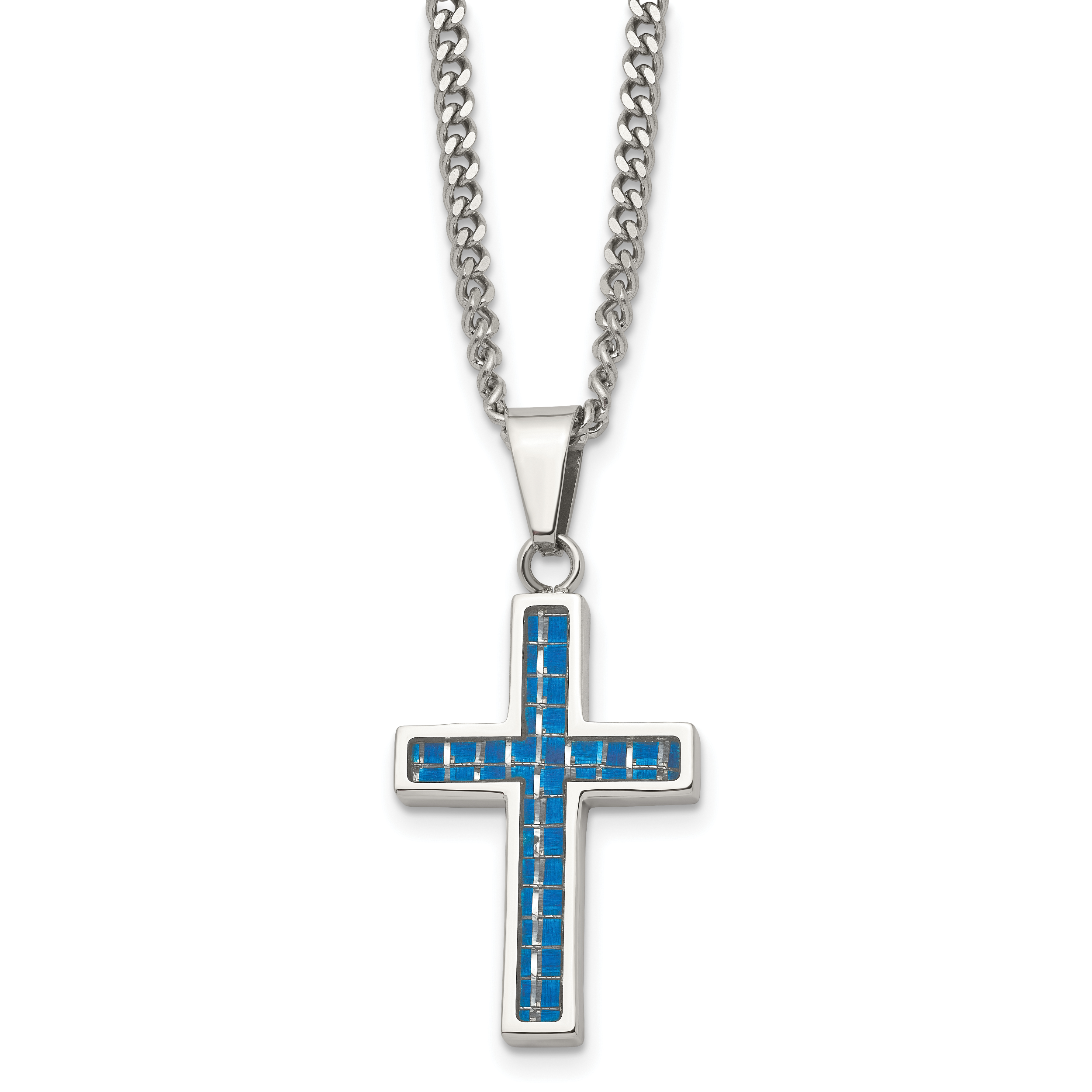 Chisel Stainless Steel Polished with Blue Carbon Fiber Inlay Cross Pendant on a 20 inch Curb Chain Necklace Main image