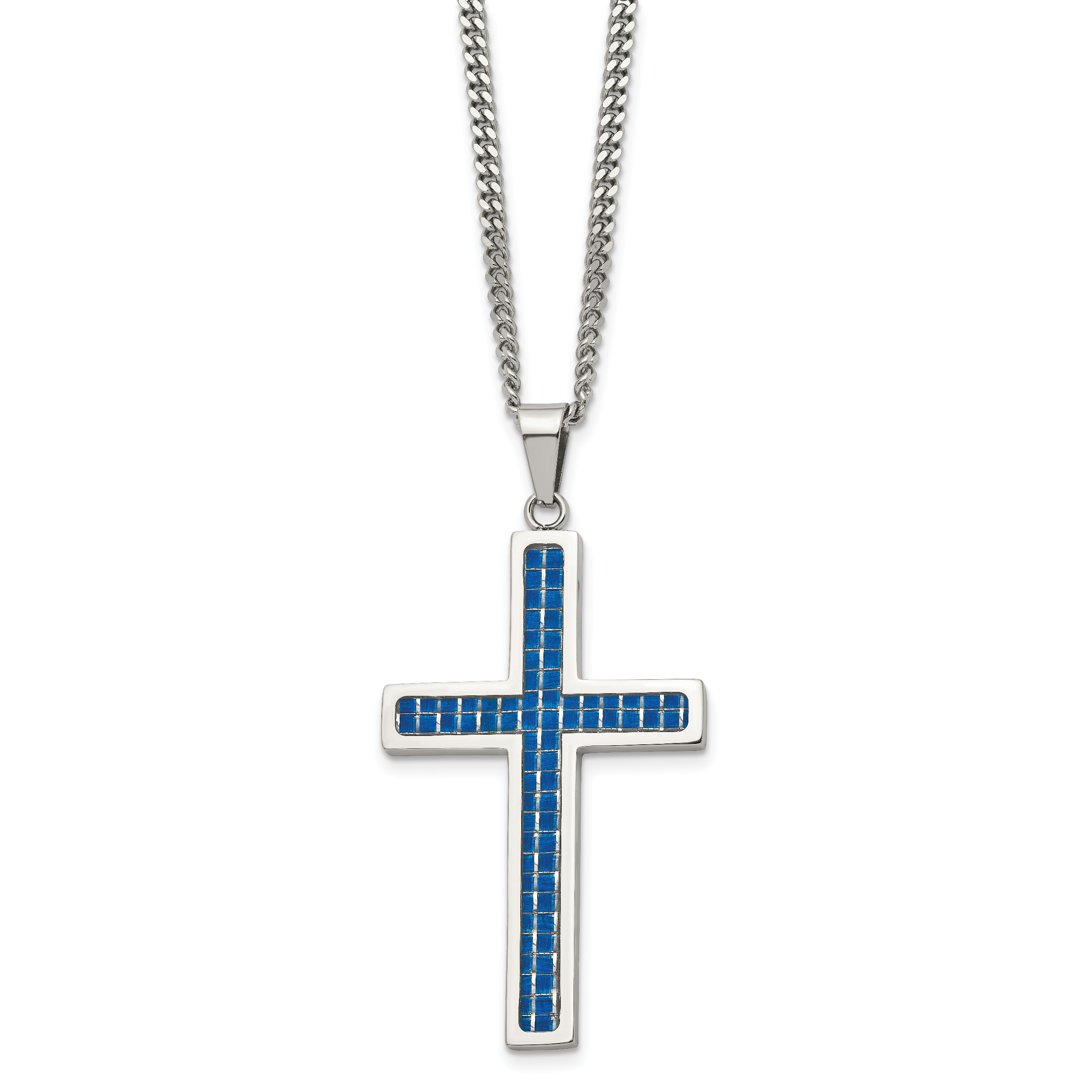 Chisel Stainless Steel Polished with Blue Carbon Fiber Inlay Cross Pendant on a 22 inch Curb Chain Necklace Main image