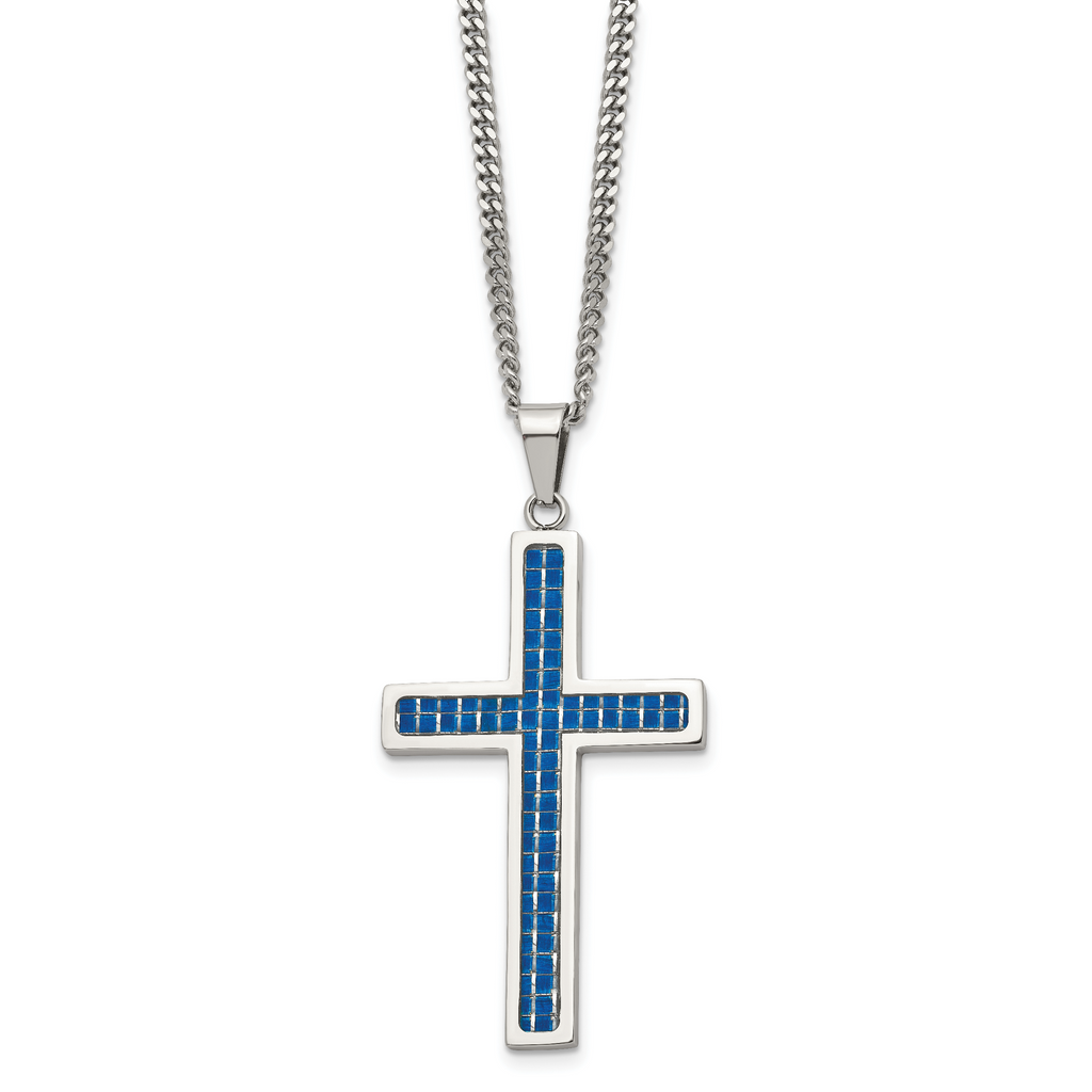 Chisel Stainless Steel Polished with Blue Carbon Fiber Inlay Cross Pendant on a 22 inch Curb Chain Necklace