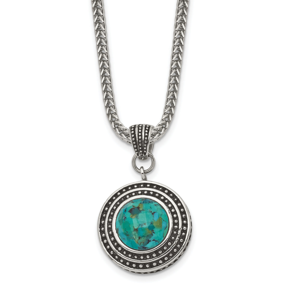 Stainless Steel Antiqued & Polished Imitation Turquoise w/2in ext Necklace