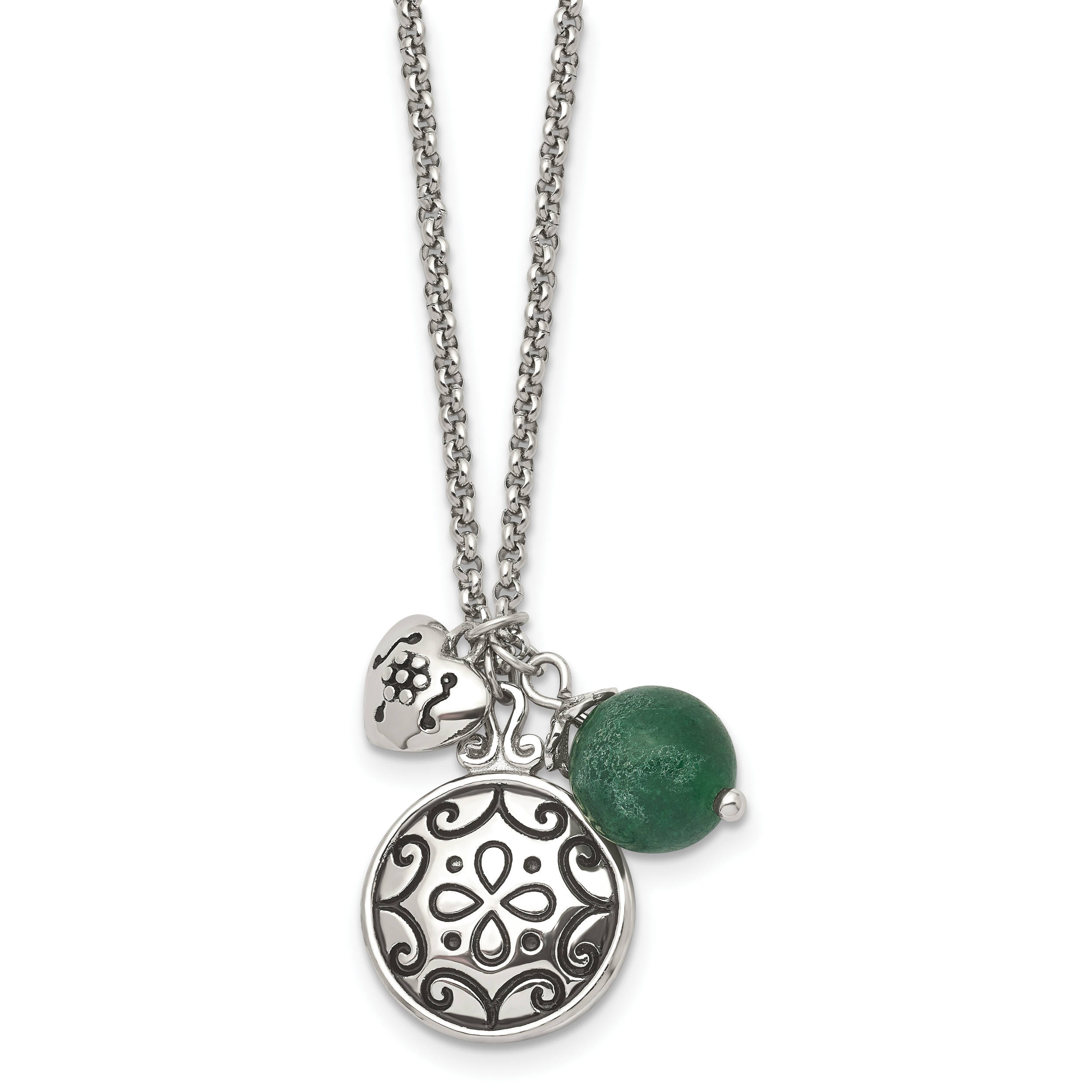 Stainless Steel Antiqued and Polished Synthetic Jade w/20in Necklace Main image