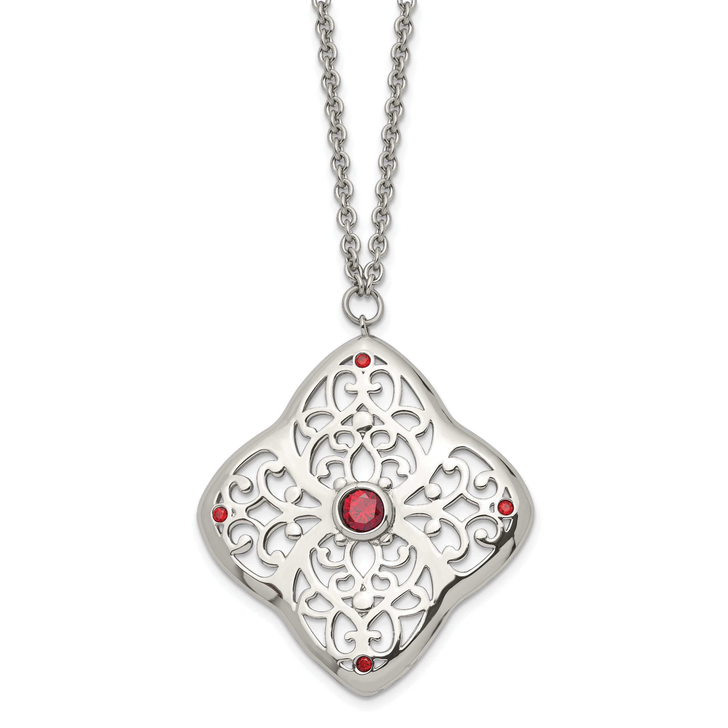 Stainless Steel Polished w/Red CZ Square 30in w/2in ext Necklace Main image