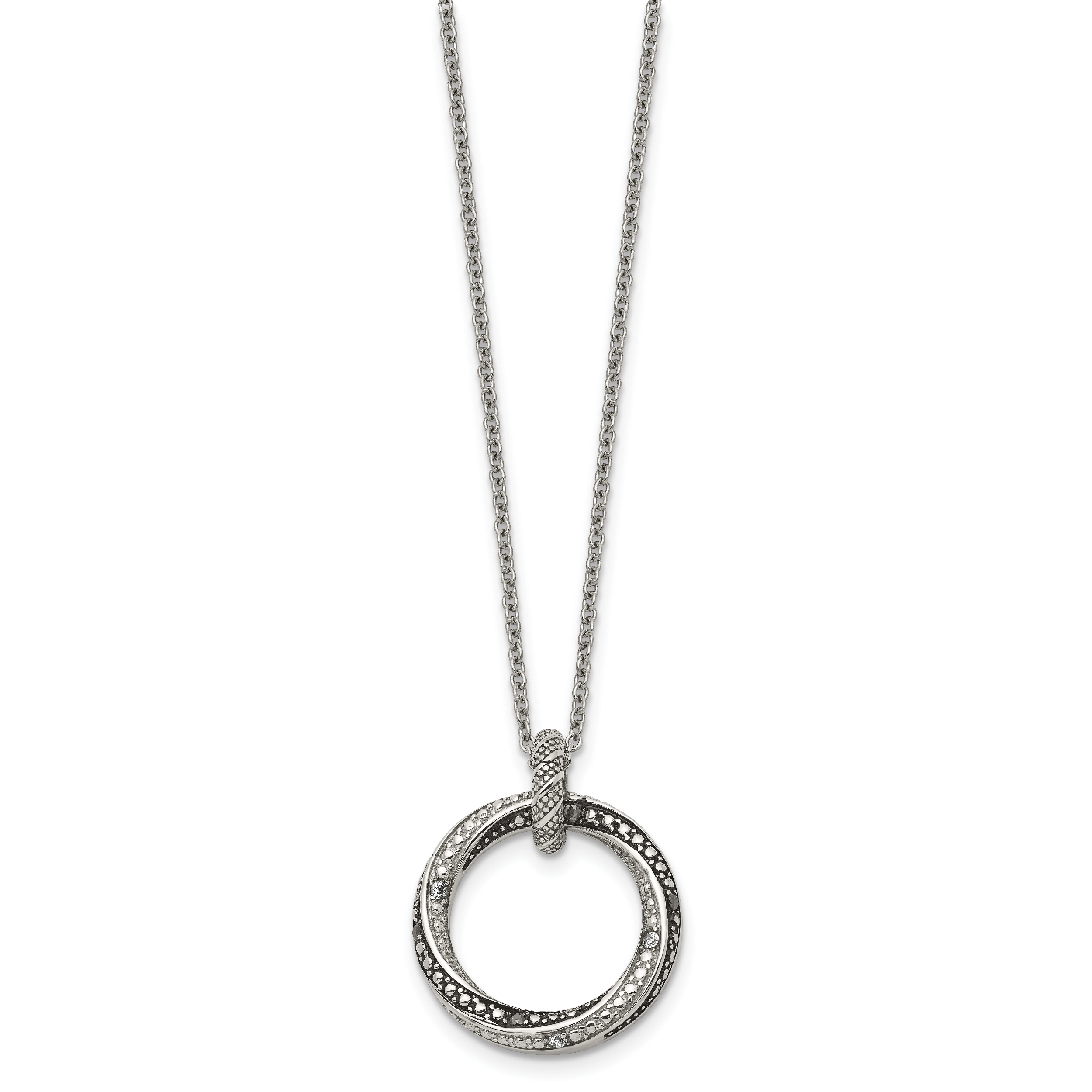 Stainless Steel Antiqued and Polished Black/Clear CZ Circle 18in Necklace