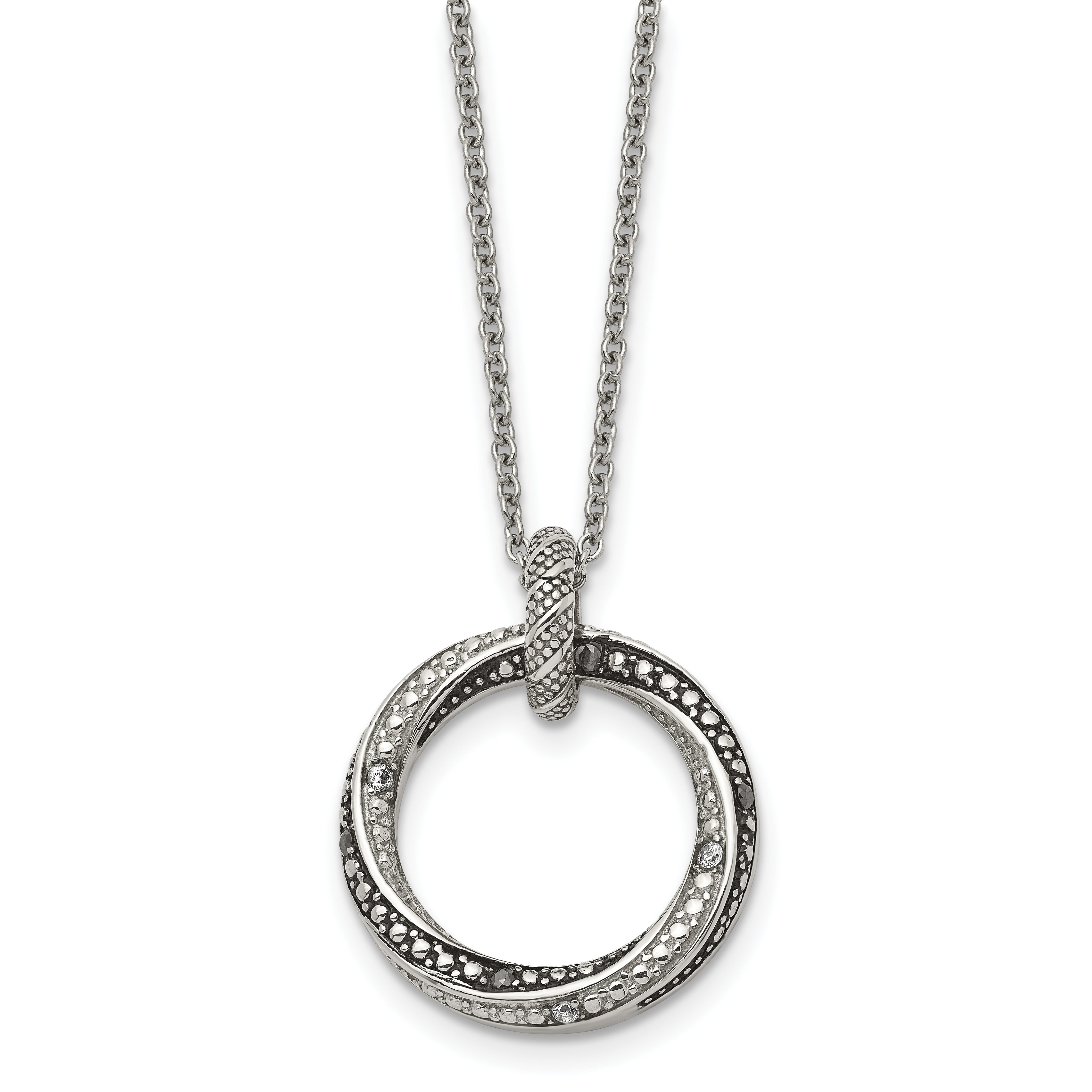 Stainless Steel Antiqued and Polished Black/Clear CZ Circle 18in Necklace Main image