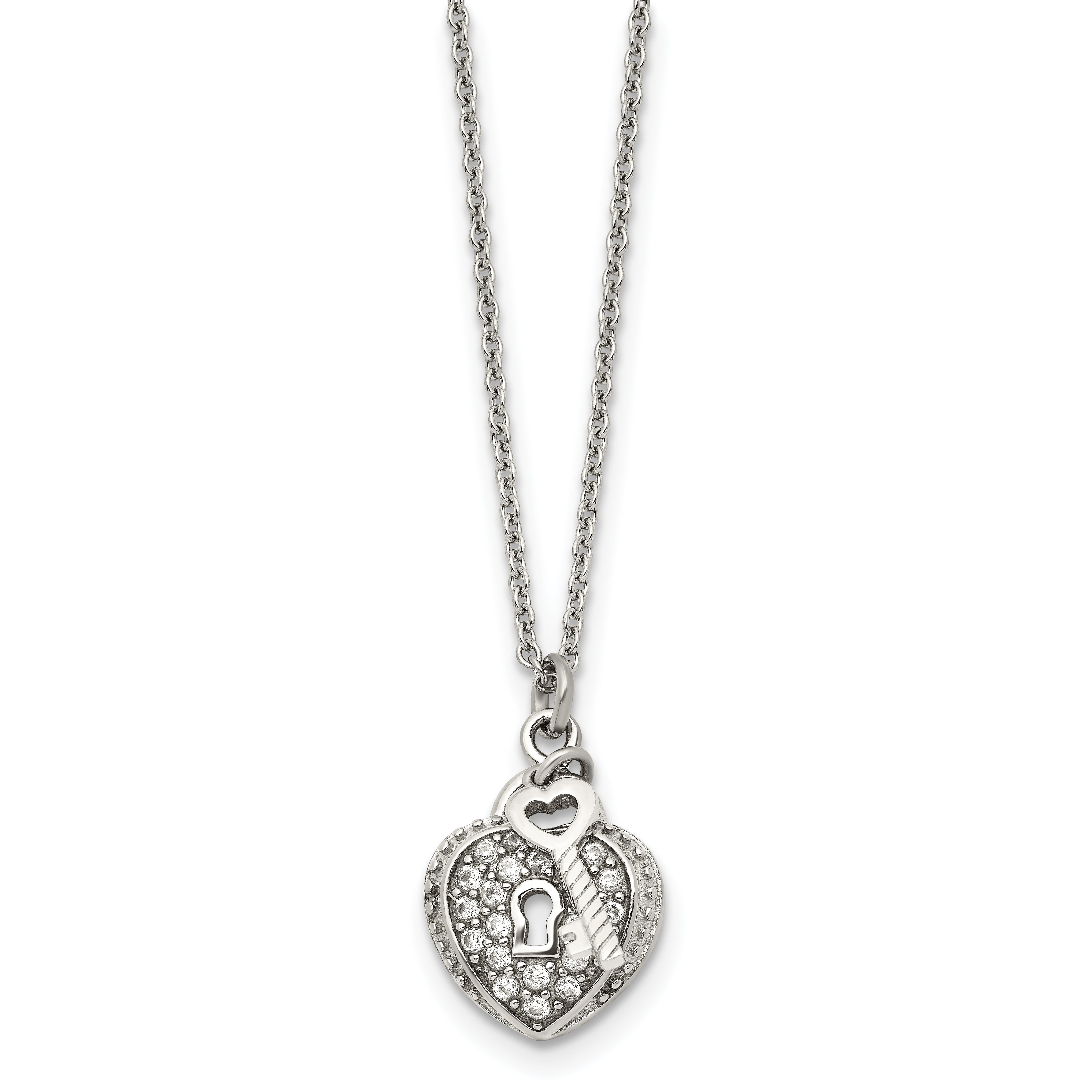Chisel Stainless Steel Polished CZ Heart Lock and Key 2-Piece Moveable Pendant on an 18 inch Cable Chain Necklace Main image
