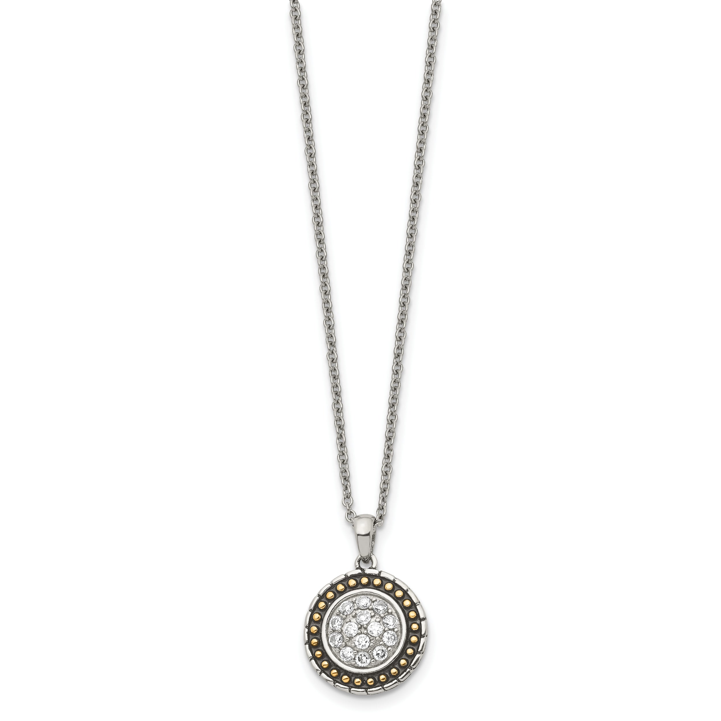 Chisel Stainless Steel Antiqued and Polished Yellow IP-plated with CZ Circle Pendant on an 18 inch Cable Chain Necklace