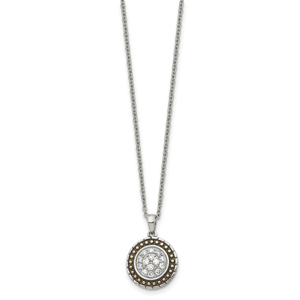 Chisel Stainless Steel Antiqued and Polished Yellow IP-plated with CZ Circle Pendant on an 18 inch Cable Chain Necklace
