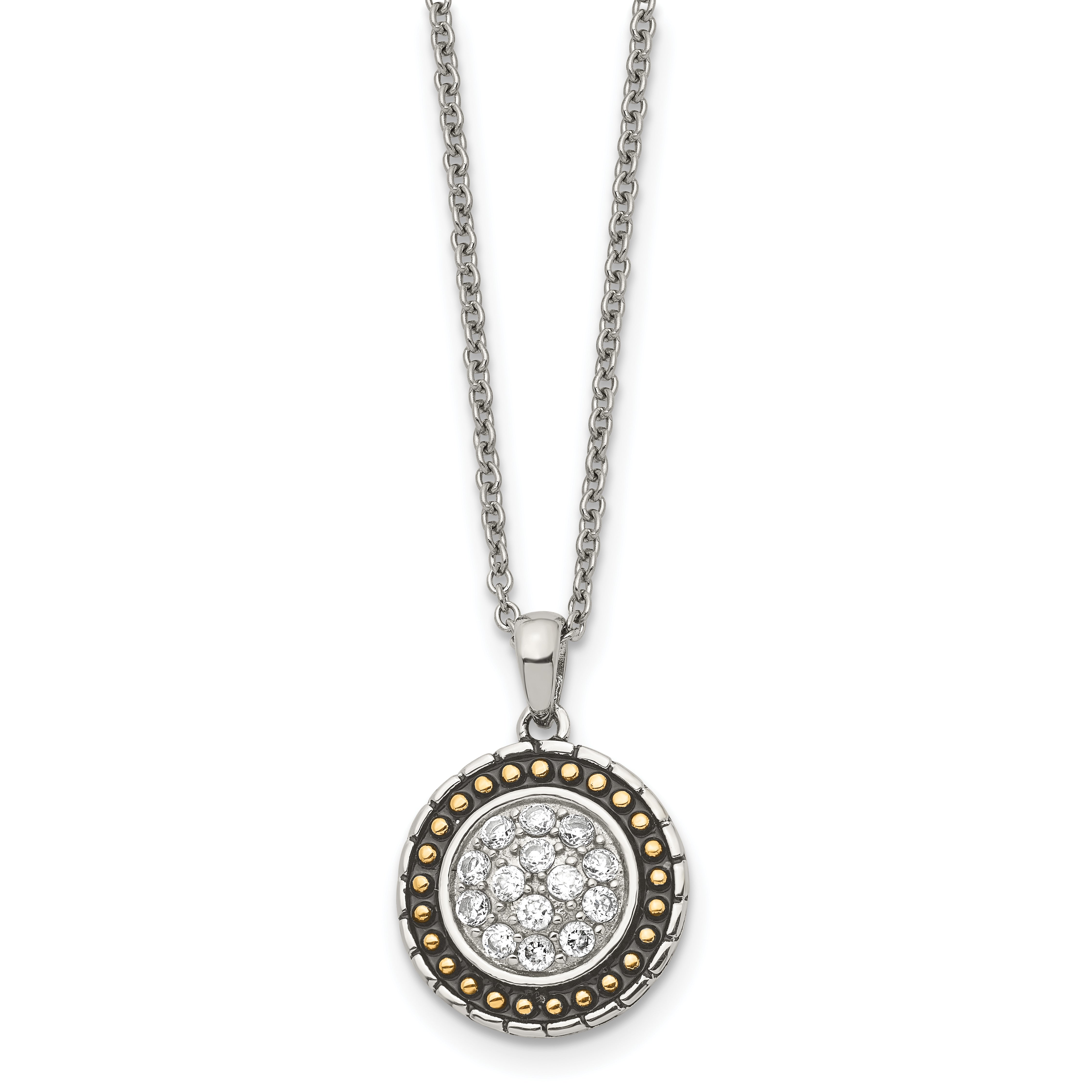 Chisel Stainless Steel Antiqued and Polished Yellow IP-plated with CZ Circle Pendant on an 18 inch Cable Chain Necklace Main image