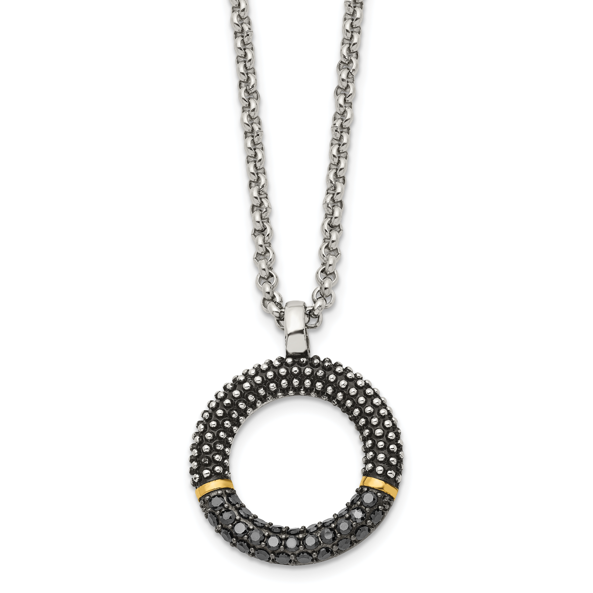 Stainless Steel Antiqued & Polished Yellow IP w/Black CZ 18in Necklace Main image