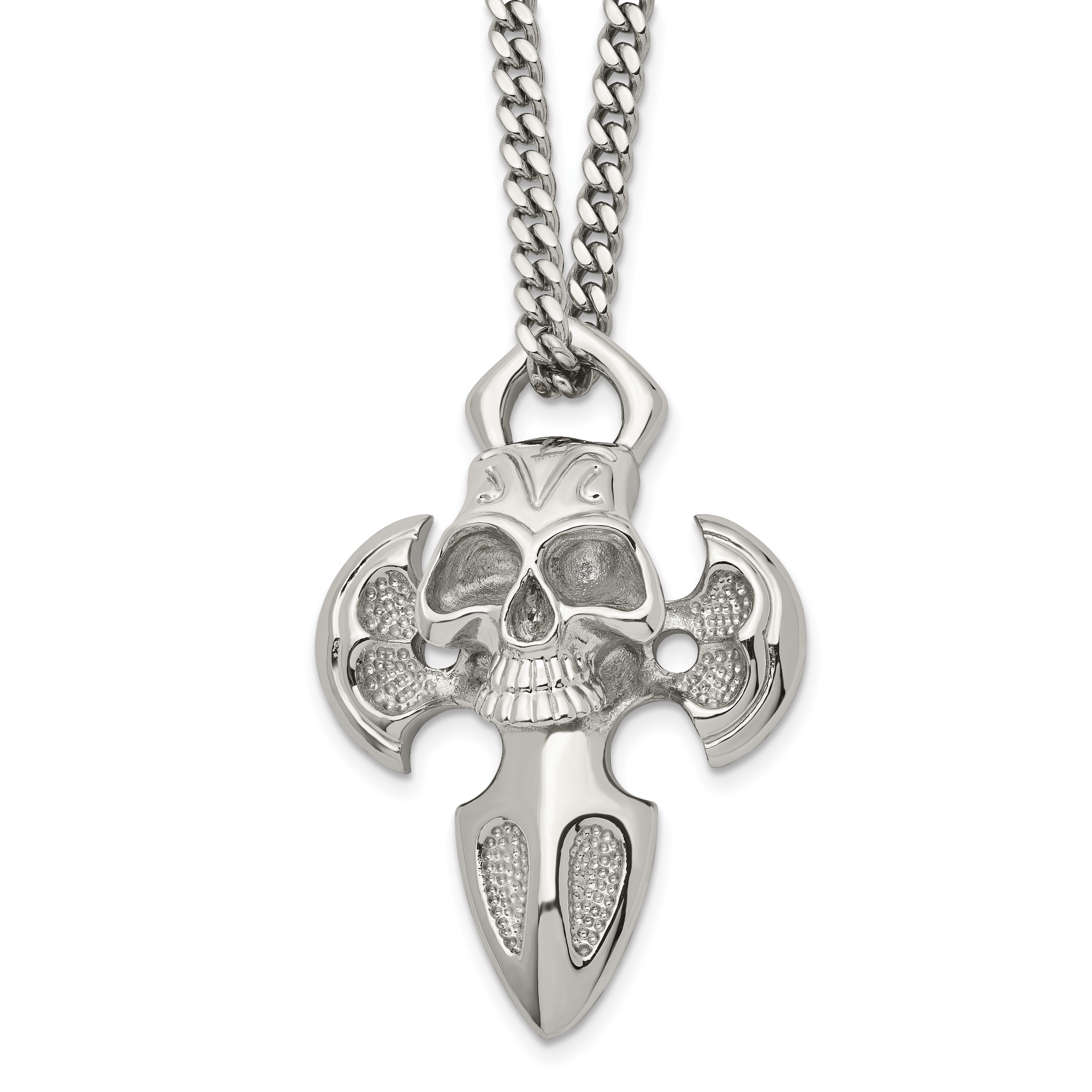 Chisel Stainless Steel Polished Cross with Skull Pendant on a 24 inch Curb Chain Necklace Main image
